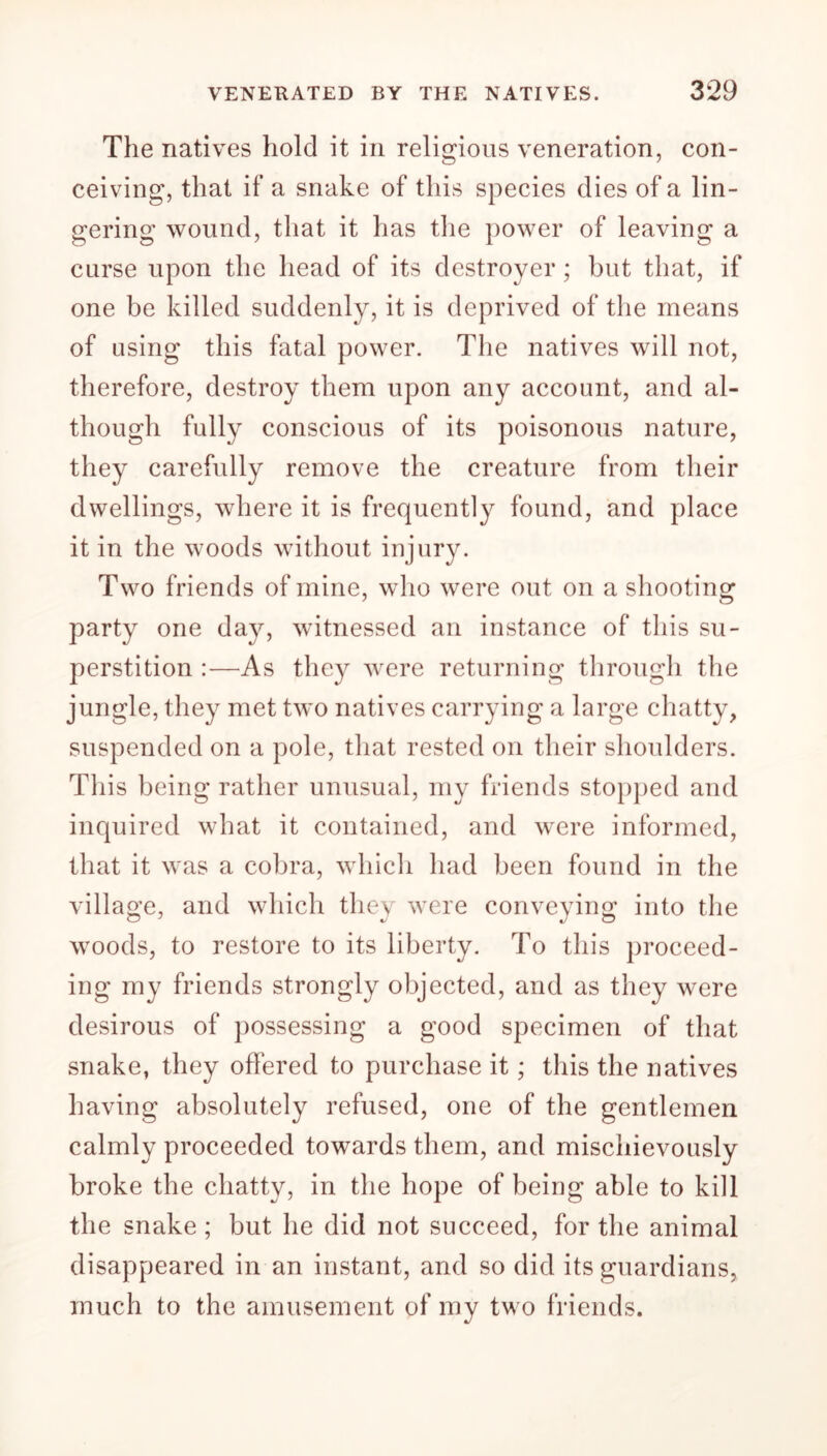 The natives hold it in religious veneration, con- ceiving, that if a snake of this species dies of a lin- gering wound, that it has the power of leaving a curse upon the head of its destroyer; but that, if one be killed suddenly, it is deprived of the means of using this fatal power. The natives will not, therefore, destroy them upon any account, and al- though fully conscious of its poisonous nature, they carefully remove the creature from their dwellings, where it is frequently found, and place it in the woods without injury. Two friends of mine, who were out on a shooting party one day, witnessed an instance of this su- perstition :—As they were returning through the jungle, they met two natives carrying a large chatty, suspended on a pole, that rested on their shoulders. This being rather unusual, my friends stopped and inquired what it contained, and were informed, that it was a cobra, which had been found in the village, and which they were conveying into the woods, to restore to its liberty. To this proceed- ing my friends strongly objected, and as they were desirous of possessing a good specimen of that snake, they offered to purchase it; this the natives having absolutely refused, one of the gentlemen calmly proceeded towards them, and mischievously broke the chatty, in the hope of being able to kill the snake ; but he did not succeed, for the animal disappeared in an instant, and so did its guardians, much to the amusement of my two friends.