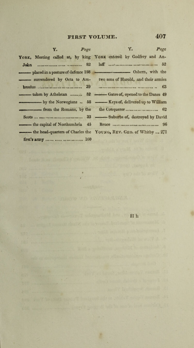 Y. Page York, Meeting called at, by king John 82 — placed in a posture of defence 158 —■ — surrendered by Octa to Am- brosius 39 taken by Athelstan 52 • by the Norwegians .. 58 ■ ■ — from the Romans, by the Scots 33 the capital of Northumbria 45 ——— the head-quarters of Charles the first’s army 180 Y. P°Se York entered by Godfrey and An- laff 52 .. .. - ■ ■ ■ Osbern, with the two sons of Harold, and their armies 63 — Gates of, opened to the Danes 49 Keys of, delivered up to William the Conqueror. 62 Suburbs of, destroyed by David Bruce 96 Young, Rev. Geo. of Whitby ... 271