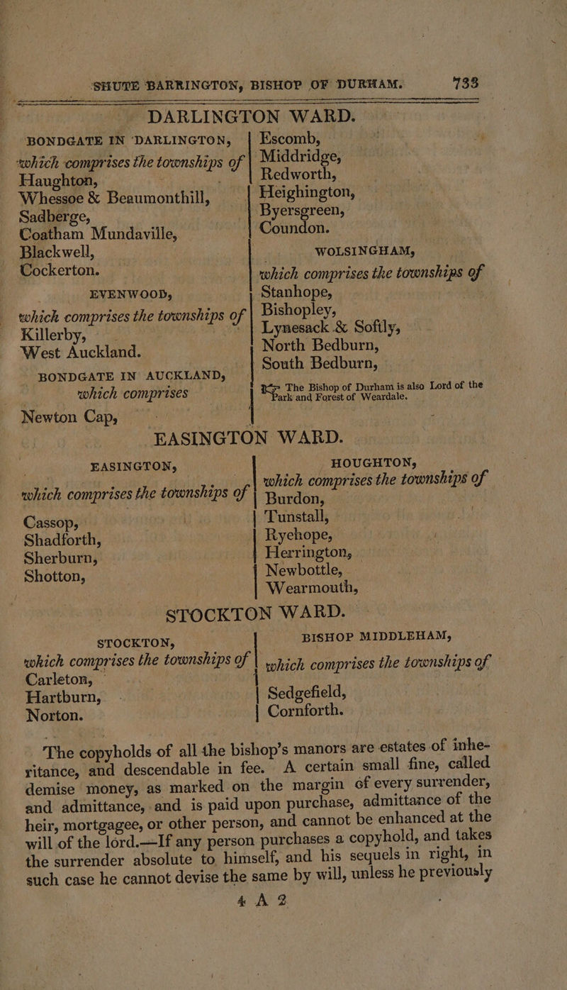 ~ DARLINGTON WARD. BONDGATE IN ‘DARLINGTON, | Escomb, ‘which compreses the townships of Middridge, Haughton, Redworth, Whessoe &amp; Beaumonthill, Heighington, Sadberge, | Byersgreen, Coatham Mundaville, ~ | Coundon. pekwell a WOLSINGHAM, © prencrtaty | which comprises the townships of . EVENWOOD, | Stanhope, — | ae _ which comprises the townships of Bishopley, | Killerby, } “| Lynesack &amp; Softly, West Auckland. North Bedburn, - BONDGATE IN AUCKLAND, South Bedburn, j which comprises  setae pembeere oe ge Lord of te Newton Cap, ay EASINGTON WARD. EASINGTON, | HOUGHTON, which comprises the townships of re ae rises the townships of 9 Cassop, | Tunstall, ~ Shadforth, | | Ryehope, — Sherburn, |; Herrington, Shotton, { Newbottle, . | Wearmouth, STOCKTON WARD. — STOCKTON, BISHOP MIDDLEHAM, which comprises the townships Of | wwpich comprises the townships of Carleton, - | Hartburn, - | Sedgefield, Norton. | Cornforth. The copyholds of all the bishop’s manors are estates of inhe- | ritance, and descendable in fee. A certain small fine, called demise money, as marked on the margin of every surrender, and admittance, and is paid upon purchase, admittance of the heir, mortgagee, or other person, and cannot be enhanced at the will of the lord.—If any person purchases a copyhold, and takes the surrender absolute to himself, and his sequels in right, in such case he cannot devise the same by will, unless he previously