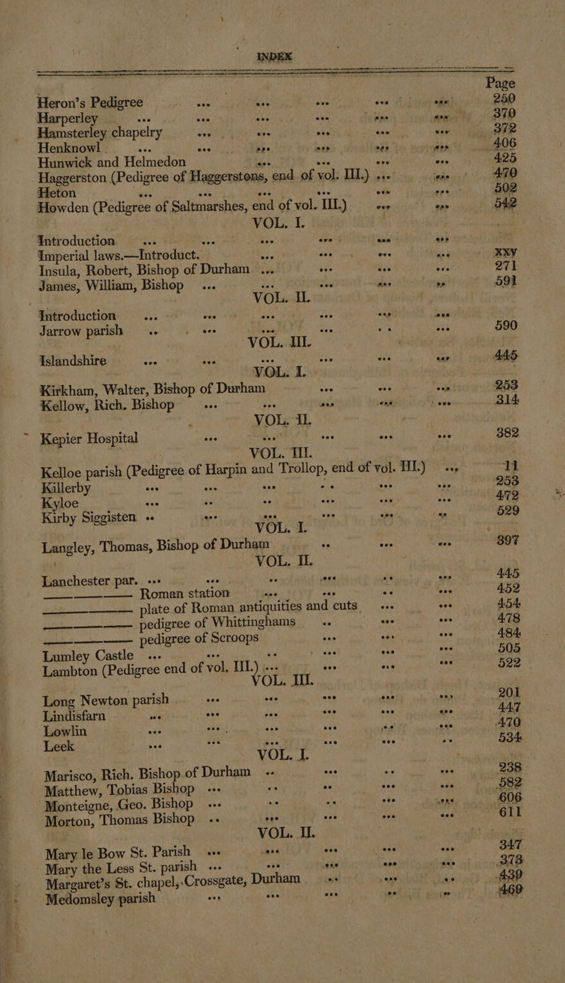 Heron’s Pedigree Teele oat lea eR a Harperley ove “ie “i nen He Hamsterley chapelry we see wae iy Henknowl | ag ce, as rs Hunwick and elmedon a ay ane Haggerston (Pedigree of Haggerstons, end of vol. III.) ... Heton ede sae ie eee od Howden (Pedigree of Saltmarshes, end of vol. TIL.) wer VOL, I. Introduction... a ee. aig ai Imperial laws.—Introduct. - i. eer ee Insula, Robert, Bishop of Durham ... eee e James, William, Bishop oe Be x | VOL. II. Introduction... ova nef “ Jarrow parish. ; VOL. I. Tslandshire ted Widba Vesoarou'ty iti Kirkham, Walter, Bishop of Durham Kellow, Rich. Bishop Aas pe eae obs ; ~~ VOL, i. Kepier Hospital Pes ‘ | VOL. HI. Hl.) Kelloe parish (Pedigree of Harpin and Trollop, end of vol. Kallerby he et ‘ng ae ee Kyloe | sis ” seks a ness Kirby Siggisten + ee nal asig ms : VOL. I. Langley, Thomas, Bishop of Durham és we VOL. IL. ‘ Lanchester par. ++ oy ae Roman station pe ser: ns SS __—— plate of Roman antiquities and cuts. —_— pedigree of Whittinghams .. cua —_—_——_—-———- pedigree of Scroops aie ver Lumley Castle... en Gi Peleg as Lambton (Pedigree end of vol, IIL.) .... ee Py VOL. TI. Long Newton parish ese wan HE a Lindisfarn ze ove die eve *) Lowlin we see wae aS Leek wee pas , ag VOL. I. Marisco, Rich. Bishop. of Durham .. Ah ie Matthew, Tobias Bishop -:- Me oe oa “Monteigne, Geo. Bishop -.- aa ml oe Morton, Thomas Bishop .-- nee ose Ae VOL. I. Mary le Bow St. Parish ». wave ais Pee Mary the Less St. parish ..- “oe »iehe a Margaret’s St. chapel, -Crossgate, Durham sss a Medomsley parish