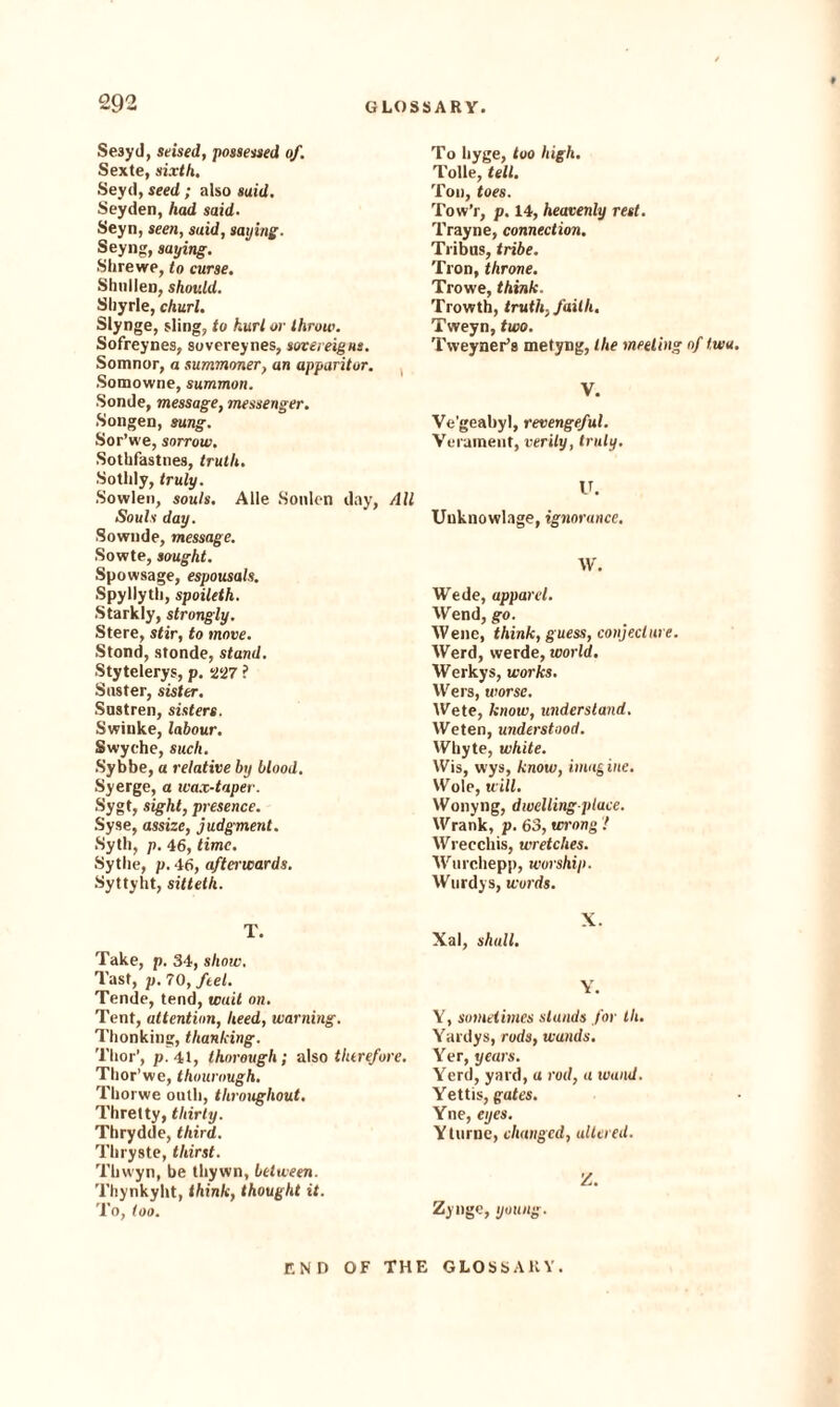 Sesyd, seised, possessed of. Sexte, sixth. Seyd, seed; also said. Seyden, had said. Seyn, seen, said, saying. Seyng, saying. Shrewe, to curse. Shnllen, should. Sbyrle, churl. Slynge, sling, to hurl or throw. Sofreynes, sovereynes, sovereigns. Somnor, a summoner, an apparitor. Somowne, summon. Sonde, message, messenger. Songen, sung. Sor’we, sorrow. Sothfastnes, truth. Sotldy, truly. Sowlen, souls. Alle Sonlen day, All Souls day. Sowude, message. Sowte, sought. Spowsage, espousals. Spyllytli, spoileth. Starkly, strongly. Stere, stir, to move. Stond, stonde, stand. Stytelerys, p. 227 ? Suster, sister. Sostren, sisters. Swinke, labour. Swyehe, such. Sybbe, a relative by blood. Syerge, a wax-taper. Sygt, sight, presence. Syse, assize, judgment. Syth, p. 46, time. Sythe, p. 46, afterwards. Syttyht, sitteth. T. Take, p. 34, show. Tast, p. 70, feel. Tende, tend, wait on. Tent, attention, heed, warning. Thonking, thanking. Thor’, p. 41, thorough; also therefore. Thor’we, thourough. Thorwe outli, throughout. Threlty, thirty. Thrydde, third. Thryste, thirst. Thwyn, be tliywn, between. Thynkyht, think, thought it. To, too. To liyge, too high. Tolle, tell. Ton, toes. Tow’r, p. 14, heavenly rest. Trayne, connection. Tribus, tribe. Tron, throne. Trowe, think. Trowth, truth, faille. Tweyn, two. Tweyner’s metyng, the meeting of twu V. Ve’geabyl, revengeful. Verament, verily, truly. U. Uuknowlage, ignorance. W. Wede, apparel. Wend, go. Wene, think, guess, conjecture. Werd, werde, world. Werkys, works. VVers, worse. Wete, know, understand. Weten, understood. Whyte, white. Wis, wys, know, imagine. Wolp, will. Wonyng, dwelling-place. Wrank, p. 63, wi'ong ! Wrecchis, wretches. Wurchepp, worship. Wurdys, words. X. Xal, shall. Y. Y, sometimes stands for tli. Yardys, rods, wands. Yer, years. Yerd, yard, a rod, a wand. Yettis, gates. Yne, eyes. Y Inrne, changed, altered. Z. Zynge, young. END OF THE GLOSS Alt V.