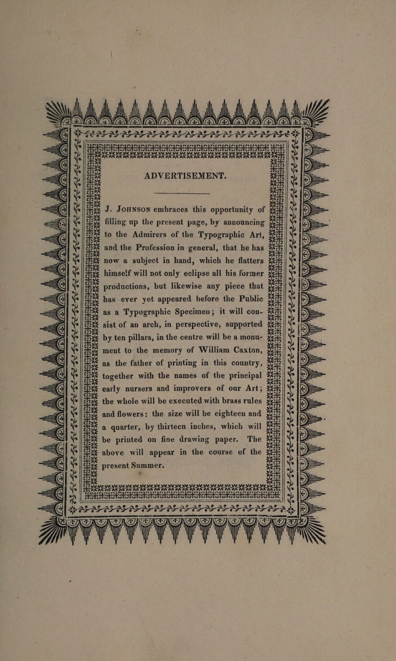 GEA AS ALAS AS AS OS AS ALAS A AAS emranry SISSIES II SICISISISISIS ESISISISIG EGE 35% | Ve gps REAR RRRRDS AERER TR REAR RTRRORTOC Wis ae =O re REET iascaieanie? peverueye SRE rare ADVERTISEMENT. EA LS A ee eee eee ¥ ae \F) bie J. JOHNSON embraces this opportunity of seats filling up the present page, by announcing He pe to the Admirers of the Typographic Art, 3p ay cae and the Profession in general, that he has ach pe now a subject in hand, which he flatters i Sees himself will not only eclipse all his former sek oi productions, but likewise any piece that 2D OH has ever yet appeared before the Public 2p sae ae as a Typographic Specimen; it will con- 3503 esse sist of an arch, in perspective, supported 3h ise by ten pillars, in the centre will be a monu- 343: we SAN Anta See Sk bein Teeter wiper er panes v¥ Zener soe ment to the memory of William Caxton, sb dees seh as the father of printing in this country, yee es together with the names of the principal 35 Seas early nursers and improvers of our Art; 5 3a cae the whole will be executed with brass rules XEK zsss and flowers: the size will be eighteen and ses a quarter, by thirteen inches, which will 3 a be printed on fine drawing paper. The 3 bo acelin ae oe sae aeauaeneaeasacses sopestecd 2of age ‘ ray ager dreOrugdusire pe above will appear in the course of the a = ibe present Summer. seek =— Fae steven eve vega vee eae wee nae nS SESE TD SES aaa SE AS ASPSASASASASAS SOS OS AS OS AS BS AS As Sate | ee alee a ww Seip tie we 4, a2, ae op fe,