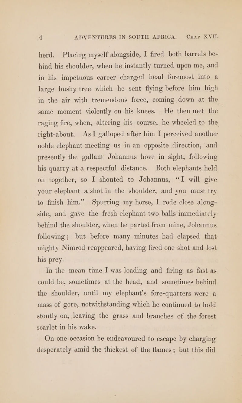herd. Placing myself alongside, I fired both barrels be- hind his shoulder, when he instantly turned upon me, and in his impetuous career charged head foremost mto a large bushy tree which he sent flying before him high in the air with tremendous force, coming down at the same moment violently on his knees. He then met the raging fire, when, altering his course, he wheeled to the right-about. AsI galloped after him I perceived another noble elephant meeting us in an opposite direction, and presently the gallant Johannus hove in sight, following his quarry at a respectful distance. Both elephants held on together, so I shouted to Johannus, “I will give your elephant a shot in the shoulder, and you must try to finish him.” Spurring my horse, I rode close along- side, and gave the fresh elephant two balls immediately behind the shoulder, when he parted from mine, Johannus following; but before many minutes had elapsed that mighty Nimrod reappeared, having fired one shot and lost his prey. In the mean time I was loading and firing as fast as could be, sometimes at the head, and sometimes behind the shoulder, until my elephant’s fore-quarters were a mass of gore, notwithstanding which he continued to hold stoutly on, leaving the grass and branches of the forest scarlet in his wake. On one occasion he endeavoured to escape by charging desperately amid the thickest of the flames; but this did