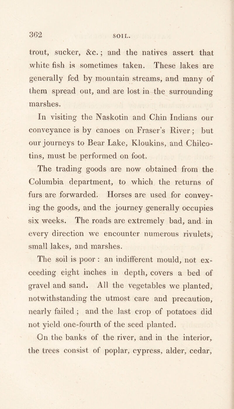 SOIL. trout, sucker, See,; and the natives assert that white fish is sometimes taken. These lakes are generally fed by mountain streams, and many of them spread out, and are lost in the surrounding marshes. In visiting the Naskotin and Chin Indians our conveyance is by canoes on Fraser’s River; but our journeys to Bear Lake, Kloukins, and Chilco- tins, must be performed on foot. The trading goods are now obtained from the Columbia department, to which the returns of furs are forwarded. Horses are used for convey- ing the goods, and the journey generally occupies six weeks. The roads are extremely bad, and- in every direction we encounter numerous rivulets, small lakes, and marshes. The soil is poor : an indifferent mould, not ex- ceeding eight inches in depth, covers a bed of gravel and sand. All the vegetables we planted, notwithstanding the utmost care and precaution, nearly failed ; and the last crop of potatoes did not yield one-fourth of the seed planted. On the banks of the river, and in the interior, the trees consist of poplar, cypress, alder, cedar.