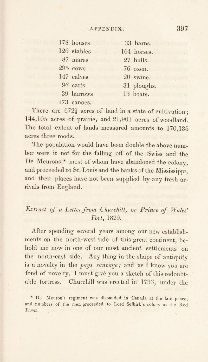 178 houses 33 barns. 126 stables 164 horses. 87 mares 27 bulls. 295 cows 76 oxen. 147 calves 20 swine. 96 carts 31 ploughs. 39 harrows 173 canoes. 13 boats. There are 672J acres of land in a state of cultivation ; 144,105 acres of prairie, and 21,901 acres of woodland. The total extent of lands measured amounts to 170,135 acres three roods. The population would have been double the above num- ber were it not for the falling off of the Swiss and the De Meurons,* most of whom have abandoned the colony, and proceeded to St. Louis and the banks of the Mississippi, and their places have not been supplied by any fresh ar- rivals from England, Extract of a Letter from Churchill, or Prince of Wales’ Fort, 1829. After spending several years among our new establish- ments on the north-west side of this great continent, be- hold me now in one of our most ancient settlements on the north-east side. Any thing in the shape of antiquity is a novelty in the pays sauvage; and as I know you are fond of novelty, I must give you a sketch of this redoubt- able fortress. Churchill was erected in 1733, under the * De Meuron’s regiment was disbanded in Canada at the late peace, and numbers of the men proceeded to Lord Selkirk’s colony at the Red River.