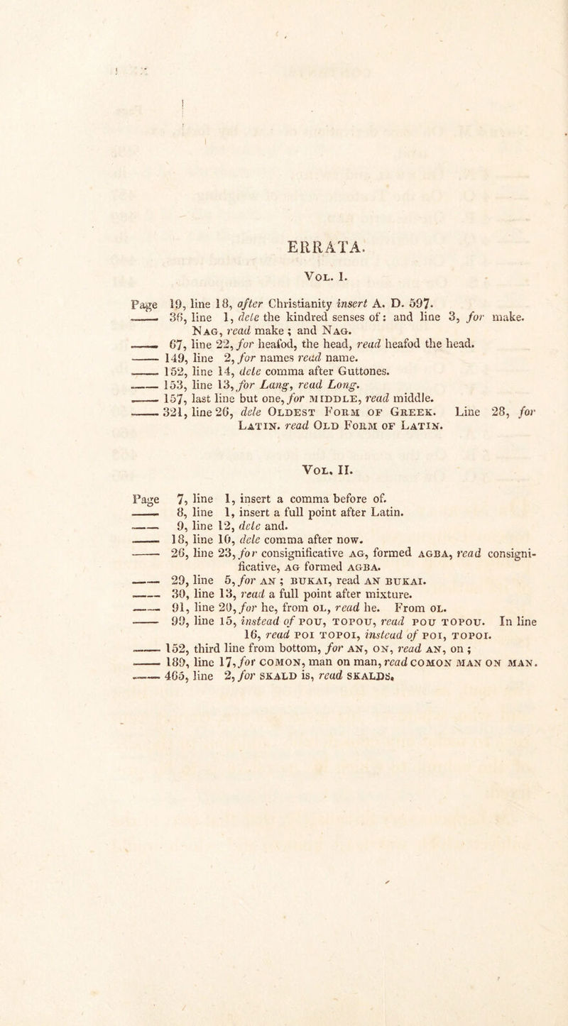 ERRATA. VOL. I. Page 19, line IB, after Christianity insert A. D. 597- ——i 36, line 1, dele the kindred senses of: and line 3, for make. Nag, read make ; and Nag. .——. G7, line 22, for heafod, the head, read heafod the head. -- 149, line 2, for names read name. —- 152, line 14, dele comma after Guttones. --153, line 13, for Lang, read Long. --157, last line but one, for middle, read middle. .——321, line 2G, dele Oldest Form of Greek. Line 28, for Latin, read Old Form of Latin. vol. ir. Page 7, line 1, insert a comma before of. -- 8, line 1, insert a full point after Latin. ~- 9, line 12, dele and. -- 18, line 10, dele comma after now. -• 26, line 23, for consignificative ag, formed agba, read consigni- licative, ag formed agba. -- 29, line 5, for an; bukat, read an bukai. —-30, line 13, read a full point after mixture. —— 91, line 20, for he, from ol, read he. From ol. - 99, line 15, instead of pou, topqu, read pou topou. In line 16, read poi topoi, instead of poi, topoi. _152, third line from bottom, for an, on, read an, on ; --- 189, line 17, for comon, man on man, read comon man on man. . 4G5, line 2, for skald is, read skalds.