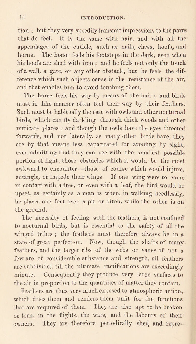 tion ; but they very speedily transmit impressions to the parts that do feel. It is the same with hair, and with all the appendages of the cuticle, such as nails, claws, hoofs, and horns. The horse feels his footsteps in the dark, even when his hoofs are shod with iron ; and he feels not only the touch of a wall, a gate, or any other obstacle, but he feels the dif¬ ference which such objects cause in the resistance of the air, and that enables him to avoid touching them. The horse feels his way by means of the hair ; and birds must in like manner often feel their way by their feathers. Such must be habitually the case Vv^ith owls and other nocturnal birds, which can fly darkling through thick woods and other intricate places ; and though the owls have the eyes directed forwards, and not laterally, as many other birds have, they are by that means less capacitated for avoiding by sight, even admitting that they can see with the smallest possible portion of light, those obstacles which it would be the most awkward to encounter—those of course which would injure, entangle, or impede their wings. If one wing were to come in contact with a tree, or even with a leaf, the bird would be upset, as certainly as a man is wdien, in walking heedlesslv, he places one foot over a pit or ditch, while the other is on the ground. The necessity of feeling with the feathers, is not confined to nocturnal birds, but is essential to the safety of all the winged tribes ; the feathers must therefore always be in a state of great perfection. Now, though the shafts of many feathers, and the larger ribs of the webs or vanes of not a few are of considerable substance and strength, all feathers are subdivided till the ultimate ramifications are exceedin^lv minute. Consequently they produce very large surfaces to the air in proportion to the quantities of matter they contain. Feathers are thus very much exposed to atmospheric action, which dries them and renders them unfit for the functions that are required of them. They are also apt to be broken or torn, in the flights, the wars, and the labours of their owners. They are therefore periodically shed^ and repro-