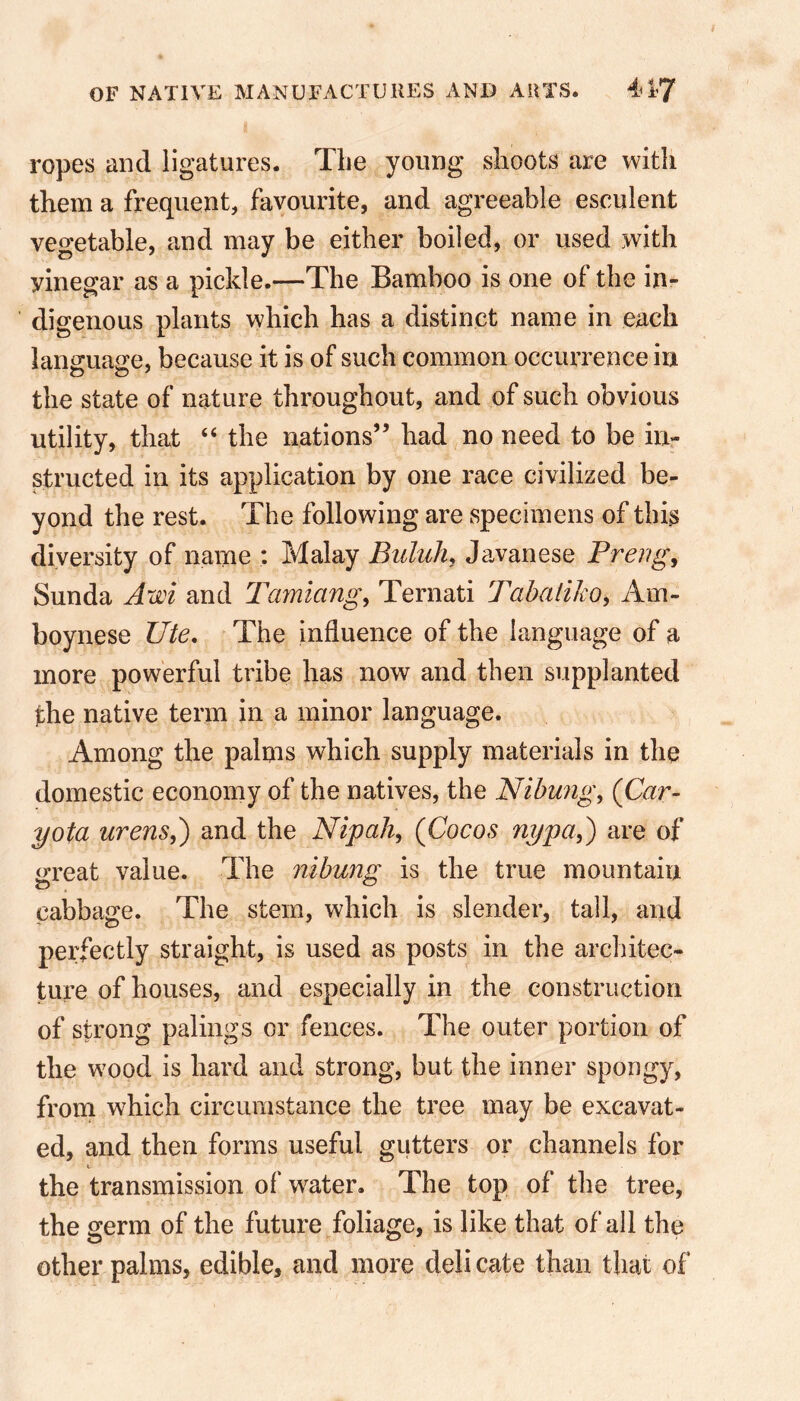 ropes and ligatures. The young shoots are with them a frequent, favourite, and agreeable esculent vegetable, and may be either boiled, or used with yinegar as a pickle.—The Bamboo is one of the in- digenous plants which has a distinct name in each language, because it is of such common occurrence in the state of nature throughout, and of such obvious utility, that “ the nations” had no need to be in- structed in its application by one race civilized be- yond the rest. The following are specimens of this diversity of name : Malay Buluh, Javanese Preng, Sunda Awi and Tamiang, Ternati Tobaiiko, Am- boynese Ute. The influence of the language of a more powerful tribe has now and then supplanted fhe native term in a minor language. Among the palms which supply materials in the domestic economy of the natives, the Nibung, (Car- yota urens,') and the Nip ah, (Cocos nypa,) are of great value. The nibung is the true mountain cabbage. The stem, which is slender, tall, and perfectly straight, is used as posts in the architec- ture of houses, and especially in the construction of strong palings or fences. The outer portion of the wood is hard and strong, but the inner spongy, from which circumstance the tree may be excavat- ed, and then forms useful gutters or channels for the transmission of water. The top of the tree, the germ of the future foliage, is like that of all the other palms, edible, and more deli cate than that of