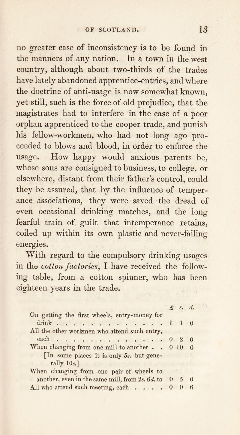 no greater case of inconsistency is to be found in the manners of any nation. In a town in the west country, although about two-thirds of the trades have lately abandoned apprentice-entries, and where the doctrine of anti-usage is now somewhat known, yet still, such is the force of old prejudice, that the magistrates had to interfere in the case of a poor orphan apprenticed to the cooper trade, and punish his fellow-workmen, who had not long ago pro- ceeded to blows and blood, in order to enforce the usage. How happy would anxious parents be, whose sons are consigned to business, to college, or elsewhere, distant from their father’s control, could they be assured, that by the influence of temper- ance associations, they were saved the dread of even occasional drinking matches, and the long fearful train of guilt that intemperance retains, coiled up within its own plastic and never-failing energies. With regard to the compulsory drinking usages in the cotton factories, I have received the follow- ing table, from a cotton spinner, who has been eighteen years in the trade. £ s. d. On getting the first wheels, entry-money for drink 1 10 All the other workmen who attend such entry, each 020 When changing from one mill to another . . 0 10 0 [In some places it is only 5s. but gene- rally 10s.] When changing from one pair of wheels to All who attend such meeting, each .... 0 0 6 '»