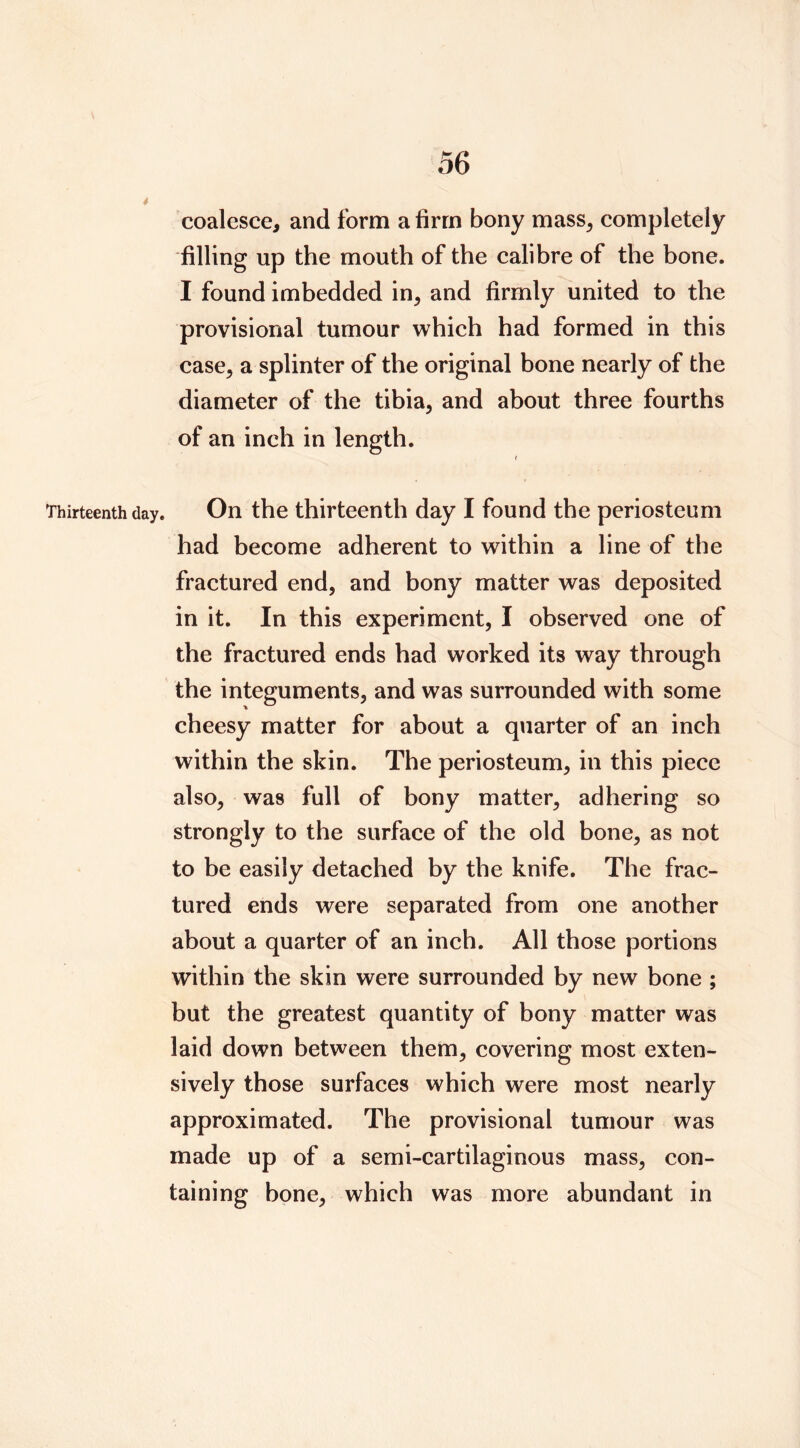 coalesce, and form a firm bony mass, completely filling up the mouth of the calibre of the bone. I found imbedded in, and firmly united to the provisional tumour whieh had formed in this case, a splinter of the original bone nearly of the diameter of the tibia, and about three fourths of an inch in length. I Thirteenth day. On the thirteenth day I found the periosteum had become adherent to within a line of the fractured end, and bony matter was deposited in it. In this experiment, I observed one of the fractured ends had worked its way through the integuments, and was surrounded with some cheesy matter for about a quarter of an inch within the skin. The periosteum, in this piece also, was full of bony matter, adhering so strongly to the surface of the old bone, as not to be easily detached by the knife. The frac- tured ends were separated from one another about a quarter of an inch. All those portions within the skin were surrounded by new bone ; but the greatest quantity of bony matter was laid down between them, covering most exten- sively those surfaces which were most nearly approximated. The provisional tumour was made up of a semi-cartilaginous mass, con- taining bone, which was more abundant in