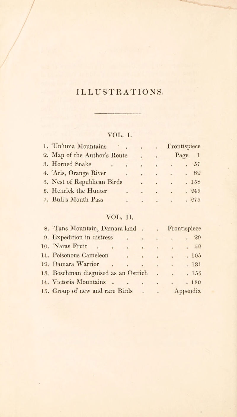 ILLUSTRATIONS. VOL. i. 1. ’Un’uma Mountains . Frontispiece 2. Map of the Author’s Route Page 1 3. Horned Snake .... . 57 4. ’Aris, Orange River . 82 5. Nest of Republican Birds . 158 6. Henrick the Hunter . 249 7. Bull’s Mouth Pass . 27 5 VOL. II. 8. ’Tans Mountain, Damara land . Frontispiece 9. Expedition in distress . 29 10. ’Naras Fruit . 52 11. Poisonous Cameleon . 105 12. Damara Warrior .... . 131 13. Boschman disguised as an Ostrich . 15G 14. Victoria Mountains .... . 180 1.5. Group of new and rare Birds Appendix