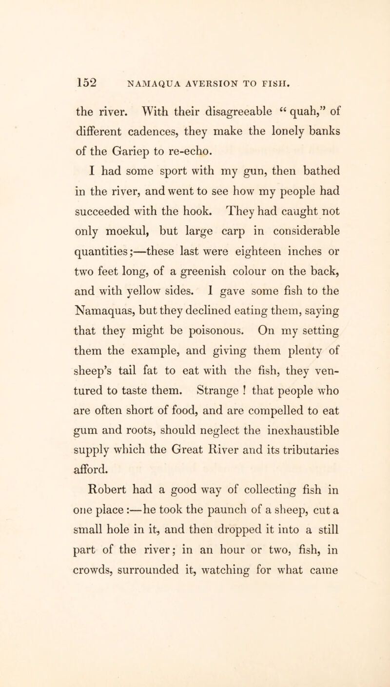 the river. With their disagreeable 44 quah,” of different cadences, they make the lonely banks of the Gariep to re-echo. I had some sport with my gun, then bathed in the river, and went to see how my people had succeeded with the hook. They had caught not only moekul, but large carp in considerable quantities;—these last were eighteen inches or two feet long, of a greenish colour on the back, and with yellow sides. 1 gave some fish to the Namaquas, but they declined eating them, saying that they might be poisonous. On my setting them the example, and giving them plenty of sheep’s tail fat to eat with the fish, they ven- tured to taste them. Strange ! that people who are often short of food, and are compelled to eat gum and roots, should neglect the inexhaustible supply which the Great River and its tributaries afford. Robert had a good way of collecting fish in one place :—he took the paunch of a sheep, cut a small hole in it, and then dropped it into a still part of the river; in an hour or two, fish, in crowds, surrounded it, watching for what came