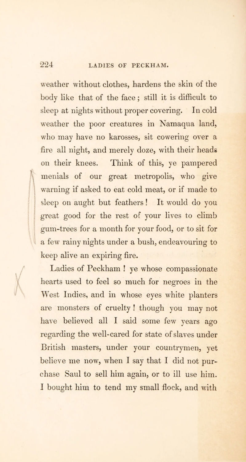weather without clothes, hardens the skin of the body like that of the face; still it is difficult to sleep at nights without proper covering. In cold weather the poor creatures in Namaqua land, who may have no karosses, sit cowering over a fire all night, and merely doze, with their heads on their knees. Think of this, ye pampered menials of our great metropolis, who give warning if asked to eat cold meat, or if made to sleep on aught but feathers! It would do you great good for the rest of your lives to climb gum-trees for a month for your food, or to sit for a few rainy nights under a bush, endeavouring to keep alive an expiring fire. Ladies of Peckham ! ye whose compassionate hearts used to feel so much for negroes in the West Indies, and in whose eyes white planters are monsters of cruelty ! though you may not have believed all I said some few years ago regarding the well-cared for state of slaves under British masters, under your countrymen, yet believe me now, when I say that I did not pur- chase Saul to sell him again, or to ill use him. I bought him to tend my small flock, and with