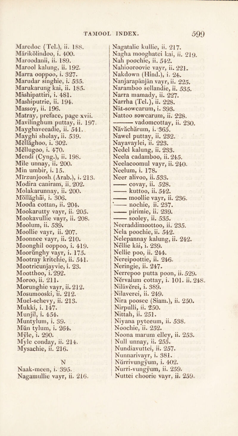 Maredoc (Tel.), ii. 188. Marikolindoo, i. 400. Maroodanii, ii. 189. Marool kalung, ii. 192. Marra ooppoo, i. 327. Marudar singhie, i. 535. Marukarung kai, ii. 185^ Mashipattiri, i, 481. Mashiputrie, ii. 194. Massoy, ii. 196. Matray, preface, page xvii. Mavilinghum puttay, ii. 197. Mayghaveeadie, ii. 541. Mayghi sholay, ii. 539. Mellaghoo, i. 302. Mellugoo, i. 470. Mendi (Cyng.), ii. 198. Mile unnay, ii. 200. Min umbir, i. 15. Mirzunjoosh (Arab.), i. 213. Modira caniram, ii. 202. Molakarunnay, ii. 200. Mollaghai, i. 306. Mooda cottan, ii. 204, Mookarutty vayr, ii. 205. Mookavullie vayr, ii. 208. Moolum, ii. 539. Moollie vayr, ii. 207. Moonnee vayr, ii. 210. Moonghil ooppoo, i. 419. Moorunghy vayr, i, 175. Mootray kritchie, ii. 541. Mootricunjay vie, i. 23. Mootthoo, i.292. Moroo, ii. 211. Morunghie vayr, ii. 212, Mosumooski, ii. 212. Muel-schevy, ii. 213. Mukki, i. 147. Munjil, i. 454. Muntylum, i. 39. Mun tylum, i. 264. Myle, i. 290. Myle conday, ii. 214. Mysachie, ii. 216. N Naak-meen, i. 395. Nagamullie vayr, ii. 216. Nagatalie kullie, ii. 217. Nagha mooghatei kai, ii. 219. Nah poochie, ii. 542. Nahiooroovie vayr, ii»221, Nakdown (Hind.), i. 24. Nanjarapanjan vayr, ii. 225. Naramboo sellandie, ii. 535. Narra mamady, ii. 227. Narrha (Tel.), ii. 228. Nat-sowcarum, i. 393. Nattoo sowcarum, ii, 228. vadomcottay, ii. 230. Navacharum, i. 365. Nawel puttay, ii. 232. Nayavaylei, ii. 223. Nedel kalung, ii. 233. Neela cadamboo, ii. 245. Neelacoomul vayr, ii. 240. Neelum, i. 178. Neer alivoo, ii. 533. covay, ii. 528. kuttoo, ii. 542. moollie vayr, ii. 236. ' nochie, ii. 237. pirimie, ii. 239. sooley, ii. 535. Neeraddimoottoo, ii. 235. Nela poochie, ii. 542. Nelepannay kalung, ii. 242. Nellie kai, i. 239. Nellie poo, ii. 244. Nereipoottie, ii. 246. Neringie, ii. 247. Nerrepoo putta poon, ii. 529. Nervalum cottay, i. 101. ii. 248. Nilaverei, i. 389. Nilaverei, ii. 249. Nira poosee (Siam.), ii. 250, Nirpulli, ii. 250. Nittah, ii. 251. Niyana pyteeum, ii. 538, Noochie, ii. 252. i Noona marum elley, ii. 253. I Null unnay, ii. 255. Nundiavuttei, ii. 257. Nunnarivayr, i. 381. Nurrivungyum, i. 402. I Nurri-vungyum, ii. 259. ' Nuttei choorie vayr, ii. 259.