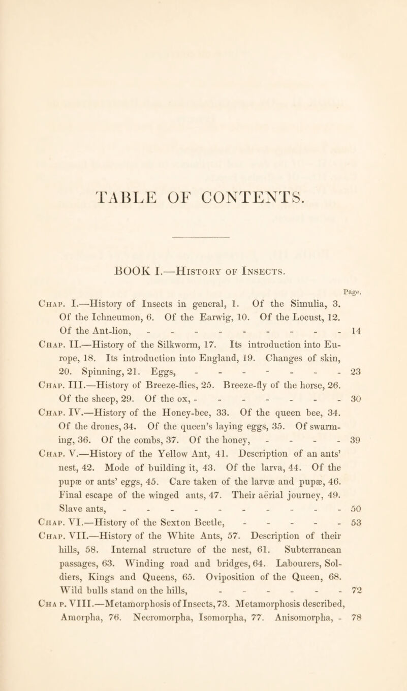 TABLE OF CONTENTS. BOOK I.—History of Insects. Page. Chap. I.—History of Insects in general, 1. Of the Simulia, 3. Of the Ichneumon, 6. Of the Earwig, 10. Of the Locust, 12. Of the Ant-lion,.14 Chap. II.—History of the Silkworm, 17. Its introduction into Eu¬ rope, 18. Its introduction into England, 19. Changes of skin, 20. Spinning, 21. Eggs, ------- 23 Chap. III.—History of Breeze-flies, 25. Breeze-fly of the horse, 26. Of the sheep, 29. Of the ox, ------ - 30 Chap. IV.—History of the Honey-bee, 33. Of the queen bee, 34. Of the drones, 34. Of the queen’s laying eggs, 35. Of swarm¬ ing, 36. Of the combs, 37. Of the honey, - - - - 39 Chap. V.—History of the Yellow Ant, 41. Description of an ants’ nest, 42. Mode of building it, 43. Of the larva, 44. Of the pupae or ants’ eggs, 45. Care taken of the larvae and pupae, 46. Final escape of the winged ants, 47. Their aerial journey, 49. Slave ants, ---------- 50 Chap. VI.—History of the Sexton Beetle, - - - - - 53 Chap. VII.—History of the White Ants, 57. Description of their hills, 58. Internal structure of the nest, 61. Subterranean passages, 63. Winding road and bridges, 64. Labourers, Sol¬ diers, Kings and Queens, 65. Oviposition of the Queen, 68. Wild bulls stand on the hills, ______ 72 Cha p. VIII.—Metamorphosis of Insects, 73. Metamorphosis described, Amorpha, 76. Neeromorpha, Isomorpha, 77. Anisomorpha, - 78