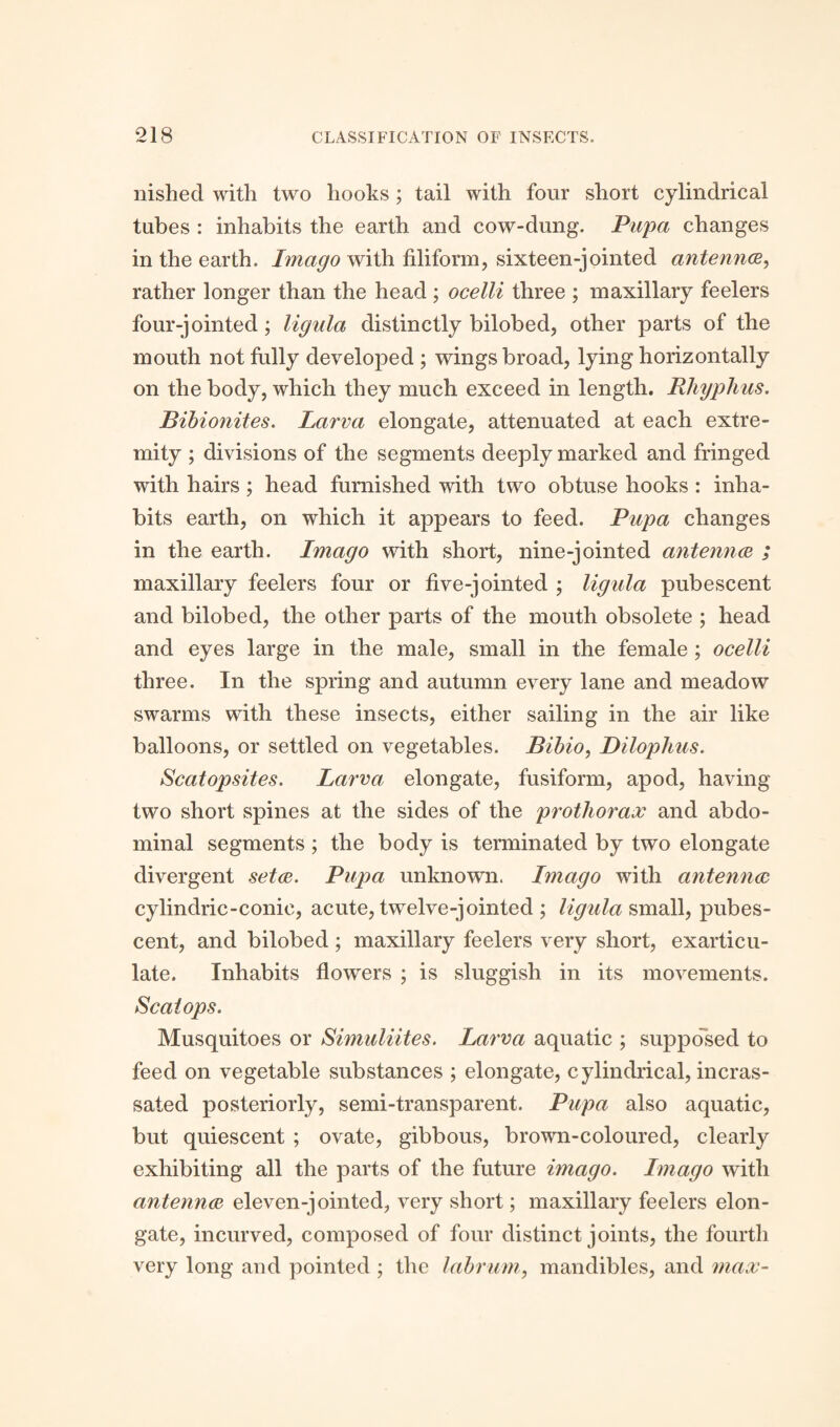 nished with two hooks; tail with four short cylindrical tubes : inhabits the earth and cow-dung. Pupa changes in the earth. Imago with filiform, sixteen-jointed antenna, rather longer than the head ; ocelli three ; maxillary feelers four-jointed; ligula distinctly bilobed, other parts of the mouth not fully developed ; wings broad, lying horizontally on the body, which they much exceed in length. Rhyphus. Bibionites. Larva elongate, attenuated at each extre¬ mity ; divisions of the segments deeply marked and fringed with hairs ; head furnished with two obtuse hooks : inha¬ bits earth, on which it appears to feed. Pupa changes in the earth. Imago with short, nine-jointed antenna ; maxillary feelers four or five-jointed ; ligula pubescent and bilobed, the other parts of the mouth obsolete ; head and eyes large in the male, small in the female ; ocelli three. In the spring and autumn every lane and meadow swarms with these insects, either sailing in the air like balloons, or settled on vegetables. Bibio, Dilophus. Scatopsites. Larva\ elongate, fusiform, apod, having two short spines at the sides of the prothorax and abdo¬ minal segments ; the body is terminated by two elongate divergent seta. Pupa unknown. Imago with antenna cylindric-conic, acute, twelve-jointed ; ligula small, pubes¬ cent, and bilobed ; maxillary feelers very short, exarticu- late. Inhabits flowers ; is sluggish in its movements. Scaiops. Musquitoes or Simulates. Larva aquatic ; supposed to feed on vegetable substances ; elongate, cylindrical, incras- sated posteriorly, semi-transparent. Pupa also aquatic, but quiescent ; ovate, gibbous, brown-coloured, clearly exhibiting all the parts of the future imago. Imago with antenna eleven-jointed, very short; maxillary feelers elon¬ gate, incurved, composed of four distinct joints, the fourth very long and pointed ; the lab-rum., mandibles, and max-