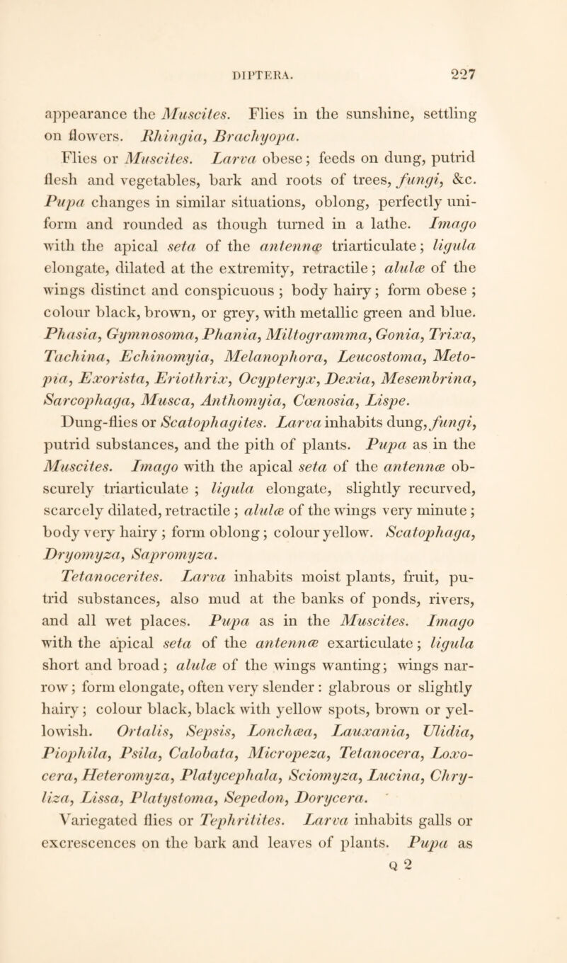 appearance tlie Muscites. Flies in the sunshine, settling on flowers. Rhingia, Brachyopa. Flies or Muscites. Larva obese; feeds on dung, putrid flesh and vegetables, bark and roots of trees, fungi, &c. Pupa changes in similar situations, oblong, perfectly uni¬ form and rounded as though turned in a lathe. Imago with the apical seta of the antenna triarticulate; ligula elongate, dilated at the extremity, retractile; alula of the wings distinct and conspicuous ; body hairy; form obese ; colour black, brown, or grey, with metallic green and blue. Phasia, Gymnosoma, Phania, Miltogramma, Gonia, Trixa, Tachina, Echinomyia, Melanophora, Leucostoma, Meto- pia, Exorista, Eriothrix, Ocypteryx, Dexia, Mesembrina, Sarcophaga, Musca, Anthomyia, Ccenosia, Lispe. Dung-flies or Scatopfiagites. Larva inhabits dung,/w??<7?’, putrid substances, and the pith of plants. Pupa as in the Muscites. Imago with the apical seta of the antenna ob¬ scurely triarticulate ; ligula elongate, slightly recurved, scarcely dilated, retractile ; alula of the wings very minute ; body very hairy ; form oblong; colour yellow. Scatophaga, Dryomyza, Sapromyza. Tetanocerites. Larva inhabits moist plants, fruit, pu¬ trid substances, also mud at the banks of ponds, rivers, and all wet places. Pupa as in the Muscites. Imago with the apical seta of the antenna exarticulate; ligula short and broad; alula of the wings wanting; wings nar¬ row ; form elongate, often very slender : glabrous or slightly hairy; colour black, black with yellow spots, brown or yel¬ lowish. Ortalis, Sepsis, Loncliaa, Lauxania, Ulidia, Piophila, Psila, Calobata, Micropeza, Tetanocera, Loxo- cera, Heteromyza, Platycephala, Sciomyza, Lucina, Chry- liza, Lissa, Platystoma, Sepedon, Dorycera. Variegated flies or Tephritites. Larva inhabits galls or excrescences on the bark and leaves of plants. Pupa as q 2
