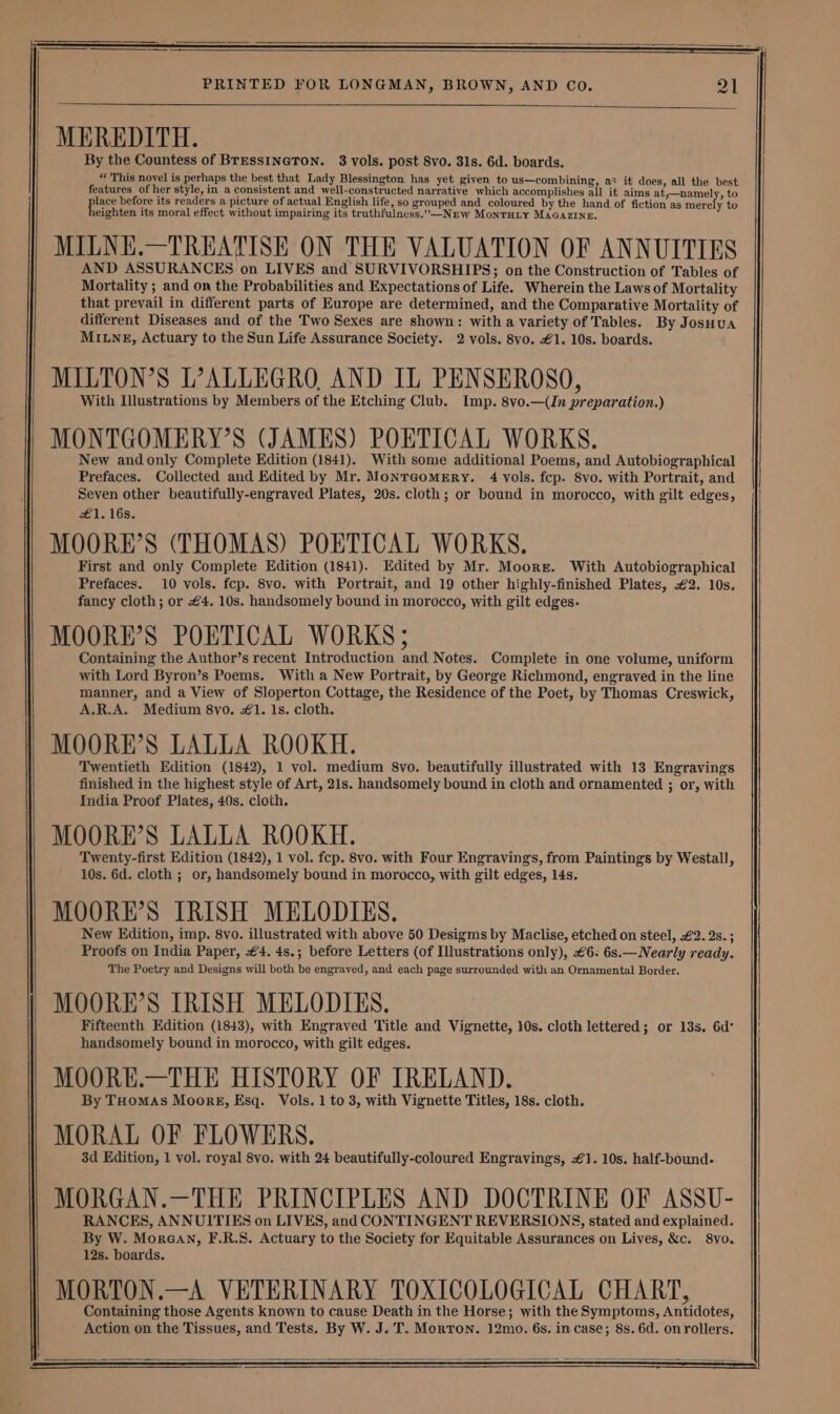 MEREDITH. By the Countess of BrEssINGTON. 3 vols. post 8vo. 31s. 6d. boards. “ This novel is perhaps the best that Lady Blessington has yet given to us—combining, a’ it does, all the best features of her style, in a consistent and well-constructed narrative which accomplishes all it aims at,—namely, to plate before its readers a picture of actual English life, so grouped and coloured by the hand of fiction as se to eighten its moral effect without impairing its truthfulness.”—Nrw MonTHLY MAGAZINE. MILNE.—TREATISE ON THE VALUATION OF ANNUITIES AND ASSURANCES on LIVES and SURVIVORSHIPS; on the Construction of Tables of Mortality ; and on the Probabilities and Expectations of Life. Wherein the Laws of Mortality that prevail in different parts of Europe are determined, and the Comparative Mortality of different Diseases and of the Two Sexes are shown: with a variety of Tables. By JosHua MILNE, Actuary to the Sun Life Assurance Society. 2 vols. 8vo. £1. 10s. boards. MILTON'S L’PALLEGRO, AND IL PENSEROSO, With Illustrations by Members of the Etching Club. Imp. 8vo.—(n preparation.) MONTGOMERY’S (JAMES) POETICAL WORKS. New andonly Complete Edition (1841). With some additional Poems, and Autobiographical Prefaces. Collected and Edited by Mr. Monraomery. 4 vols. fcp. 8vo. with Portrait, and Seven other beautifully-engraved Plates, 20s. cloth; or bound in morocco, with gilt edges, £1. 16s. MOORE’S (THOMAS) POETICAL WORKS. First and only Complete Edition (1841). Edited by Mr. Moore. With Autobiographical Prefaces. 10 vols. fcp. 8vo. with Portrait, and 19 other highly-finished Plates, €2. 10s. fancy cloth; or #4. 10s. handsomely bound in morocco, with gilt edges. MOORE’S POETICAL WORKS; Containing the Author’s recent Introduction and Notes. Complete in one volume, uniform with Lord Byron’s Poems. With a New Portrait, by George Richmond, engraved in the line manner, and a View of Sloperton Cottage, the Residence of the Poet, by Thomas Creswick, A.R.A. Medium 8vo. #1. 1s. cloth. MOORE’S LALLA ROOKH. Twentieth Edition (1842), 1 vol. medium 8vo. beautifully illustrated with 13 Engravings finished in the highest style of Art, 21s. handsomely bound in cloth and ornamented ; or, with India Proof Plates, 40s. cloth. MOORE’S LALLA ROOKH. Twenty-first Edition (1842), 1 vol. fcp. 8vo. with Four Engravings, from Painting's by Westall, 10s. 6d. cloth ; or, handsomely bound in morocco, with gilt edges, 14s. MOORE’S IRISH MELODIES. New Edition, imp. 8vo. illustrated with above 50 Desigms by Maclise, etched on steel, £2. 2s. ; Proofs on India Paper, #4. 4s.; before Letters (of Illustrations only), £6: 6s.— Nearly ready. The Poetry and Designs will both be engraved, and each page surrounded with an Ornamental Border. MOORE’S IRISH MELODIES. Fifteenth Edition (1843), with Engraved Title and Vignette, 10s. cloth lettered; or 13s. 6d° handsomely bound in morocco, with gilt edges. MOORE.—THE HISTORY OF IRELAND. By THomas Moore, Esq. Vols. 1 to 3, with Vignette Titles, 18s. cloth. MORAL OF FLOWERS. 3d Edition, 1 vol. royal 8vo. with 24 beautifully-coloured Engravings, £1. 10s. half-bound. MORGAN.—THE PRINCIPLES AND DOCTRINE OF ASSU- RANCES, ANNUITIES on LIVES, and CONTINGENT REVERSIONS, stated and explained. By W. Morean, F.R.S. Actuary to the Society for Equitable Assurances on Lives, &amp;c. 8vo. 12s. boards. MORTON.—A VETERINARY TOXICOLOGICAL CHART, Containing those Agents known to cause Death in the Horse; with the Symptoms, Antidotes, Action on the Tissues, and Tests. By W. J. T. Morton. 12mo. 6s. incase; 8s. 6d. onrollers.