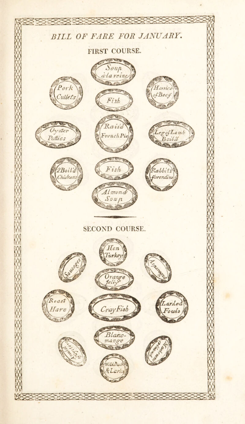 FIRST COURSE 011[l ' ? reme/i rLdrnco\% ofBeef^A UysterHm k. Laities / A ImFrenchPti’i \aiti fivij IcrendinAA vBocim \. Chickens)A mfjLl mo n SECOND COURSE /Least {Hare arcLea\ \Fowh / Blanc ma rig'C W,UPuck\ &Larli&|