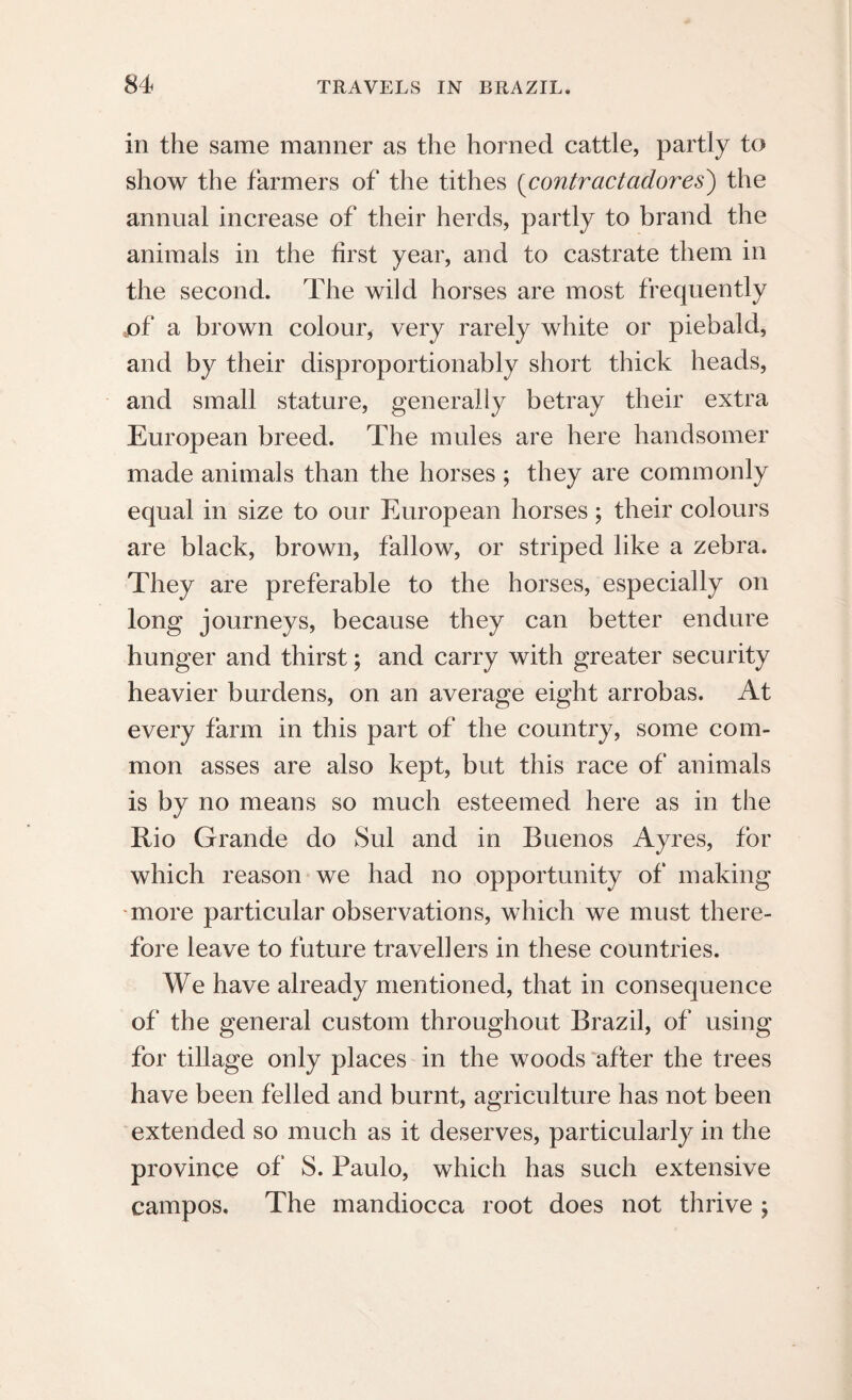 in the same manner as the horned cattle, partly to show the farmers of the tithes [contractadores) the annual increase of their herds, partly to brand the animals in the first year, and to castrate them in the second. The wild horses are most frequently .of a brown colour, very rarely white or piebald, and by their disproportionably short thick heads, and small stature, generally betray their extra European breed. The mules are here handsomer made animals than the horses ; they are commonly equal in size to our European horses; their colours are black, brown, fallow, or striped like a zebra. They are preferable to the horses, especially on long journeys, because they can better endure hunger and thirst; and carry with greater security heavier burdens, on an average eight arrobas. At every farm in this part of the country, some com¬ mon asses are also kept, but this race of animals is by no means so much esteemed here as in the Rio Grande do Sul and in Buenos Ayres, for which reason we had no opportunity of making more particular observations, which we must there¬ fore leave to future travellers in these countries. We have already mentioned, that in consequence of the general custom throughout Brazil, of using for tillage only places in the woods after the trees have been felled and burnt, agriculture has not been extended so much as it deserves, particularly in the province of S. Paulo, which has such extensive campos. The mandiocca root does not thrive ;