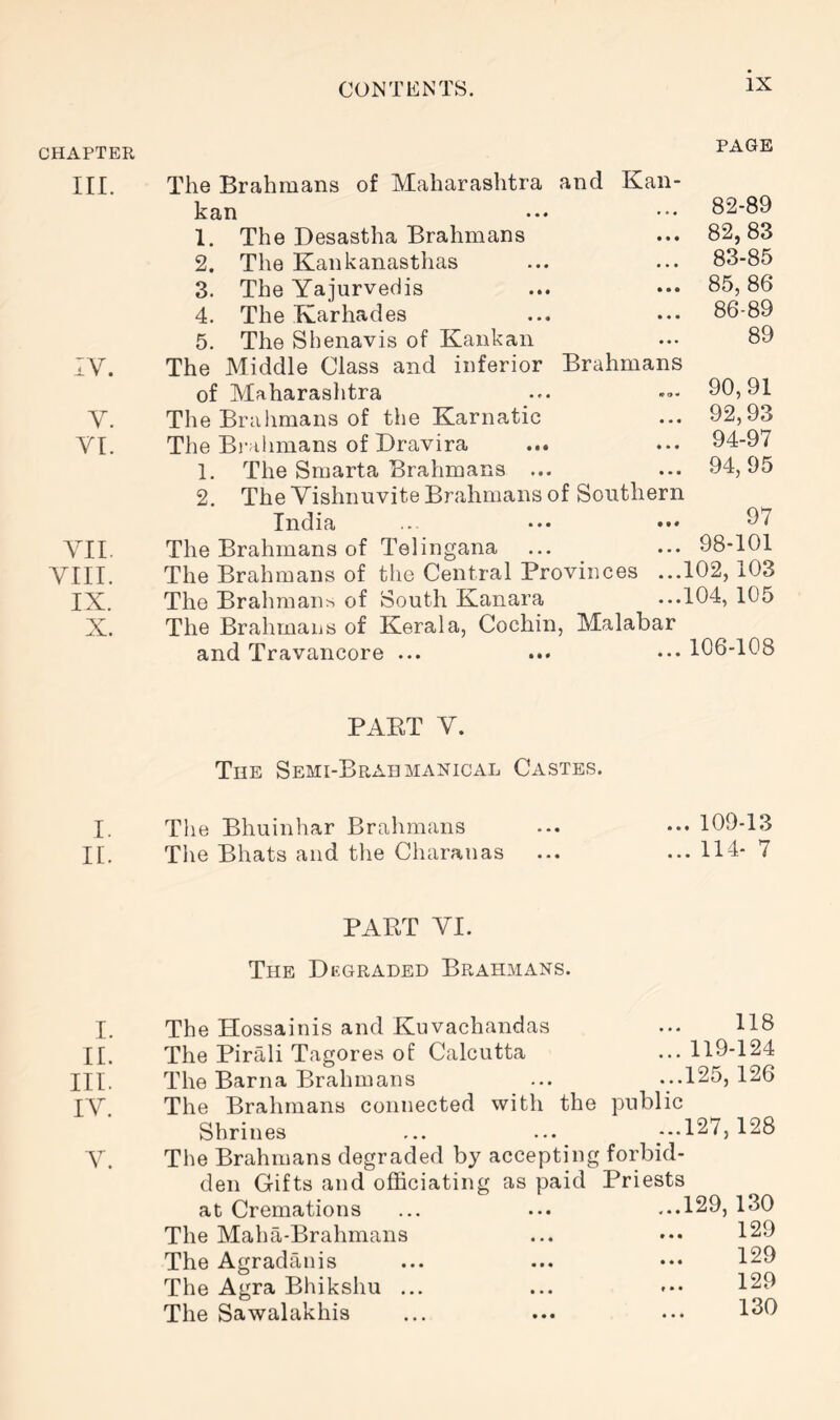 CHAPTER in. IV. V. vr. VII. VIII. IX. X. PAGE The Brahmans of Maharashtra and Kan- kan ••• ••• 82-89 1. The Desastha Brahmans ... 82,83 2. The Kankanasthas ... ... 83-85 3. The Yajurvedis ... ••• 85,86 4. The Karhades ... ... 86-89 5. The Shenavis of Kankan ... 89 The Middle Class and inferior Brahmans of Maharashtra ... 90,91 The Brahmans of the Karnatic ... 92,93 The Bi-ihmans of Dravira ... ... 94-97 1. The Smarta Brahmans ... ... 94,95 2. The Vishimvite Brahmans of Southern India ... The Brahmans of Telingana ... ... 98-101 The Brahmans of the Central Provinces ...102,103 The Brahman^ of South Kanara ...104, 105 The Brahmans of Kerala, Cochin, Malabar and Travancore ... PAET V. The Semi-Brahmanical Castes. I. The Bhuinhar Brahmans ... ... 109-13 II. The Bhats and the Charanas ... ... 114- 7 PAET VI. The Degraded Brahmans. I. II. III. IV. V. The Hossainis and Kuvachandas The Pirali Tagores of Calcutta The Barna Brahmans The Brahmans connected with the public Shrines ... ... ...127,128 118 ... 119-124 ...125, 126 The Brahmans degraded by accepting forbid- den Gifts and officiating as paid Priests at Cremations ... ... ...129, 130 The Maha-Brahmans ... •*. 129 The Agradanis ... ... ••• 129 The Agra Bhikshu ... ... 129 The Sawalakhis ... ... ••• 1^9