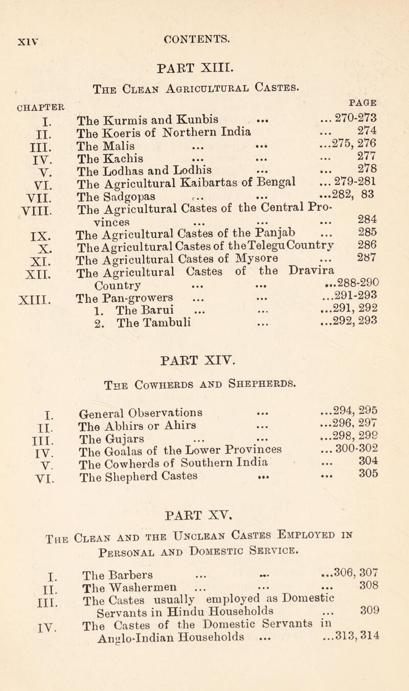 PABT XIII. The Clean Agricultural Castes. CHAPTER I. The Kurmis and Kunbis ... II. The Koeris of Northern India III. The Malis I^. The Elachis ... ••• V. The Lodhas and Lodhis VI. The Agricultural Kaibartas of Bengal VII. The Sadgopas VIII. The Agricultural Castes of the Central Pro- vinces IX. The Agricultural Castes of the Panjab X*. TheAgricultural Castes of theTeleguCountry XI.* The Agricultural Castes of Mysore XII. The Agricultural Castes of the Dravira Country XIII. The Pan-growers 1. The Barui 2. The Tambuli PAGE .. 270-273 274 ..275, 276 277 278 .. 279-281 ..282, 83 284 285 286 287 ...288-290 ...291-293 ..291, 292 ..292, 293 PABT XIV. The Cowherds and Shepherds. I. General Observations II. The Abhirs or Ahirs III. The Gujars IV. The Goalas of the Lower Provinces V. The Cowherds of Southern India VI. The Shepherd Castes ...294, 295 ...296, 297 ...298,299 ...300-302 304 305 PABT XV. The Clean and the Unclean Castes Employed in Personal and Domestic Service. I. The Barbers ... ••• ...306,307 II. The Washermen ... ••• ... 308 II, The Castes usually employed as Domestic Servants in Hindu Households ... 309 V. The Castes of the Domestic Servants in Anglo-Indian Households ... ...313,314