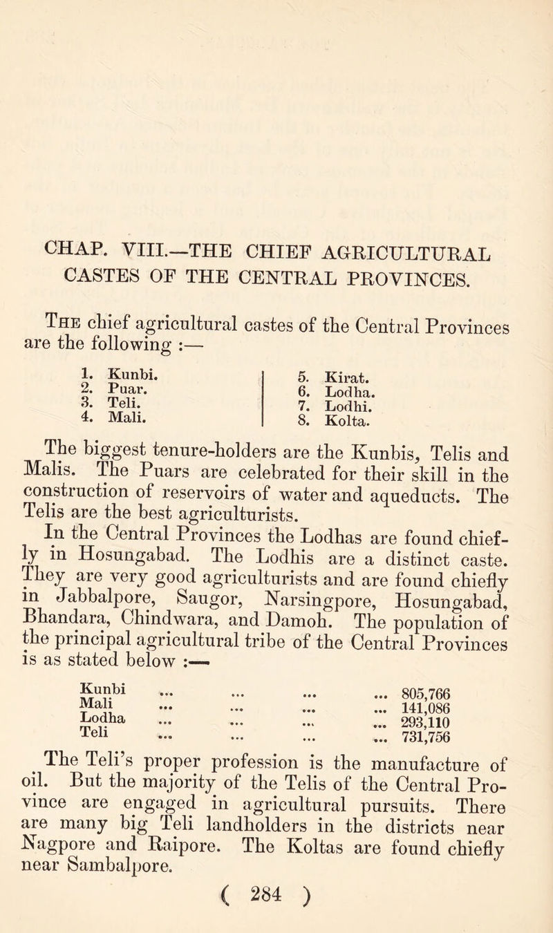 CHAP. VIII.—THE CHIEF AGRICULTURAL CASTES OF THE CENTRAL PROVINCES. The chief agricultural castes of the Central Provinces are the following :— 1. Kunbi. 2. Puar. 3. Teli. 4. Mali. 5. Kirat. 6. Lodha. 7. Lodhi. 8. Kolta. The biggest tenure-holders are the Kunbis, Telis and Mails. The Puars are celebrated for their skill in the construction of reservoirs of water and aqueducts. The Telis are the best agriculturists. In the Central Provinces the Lodhas are found chief- ly in Hosungabad. The Lodhis are a distinct caste. They are very good agriculturists and are found chiefly m Jabbalpore, Saugor, Narsingpore, Hosungabad, Bhandara, Chindwara, and Damoh. The population of the principal agricultural tribe of the Central Provinces is as stated below Kunbi Mali Lodha Teli ... 805,766 ... 141,086 ... 293,110 ... 731,756 ^ The Teli’s proper profession is the manufacture of oil. But the majority of the Telis of the Central Pro- vince are engaged in agricultural pursuits. There are many big Teli landholders in the districts near Nagpore and Raipore. The Koltas are found chiefly near Sambalpore.