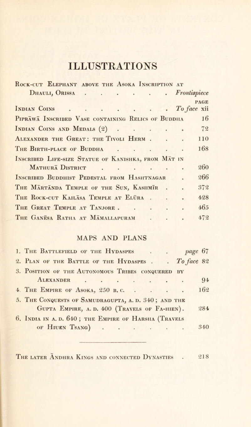 ILLUSTRATIONS Rock-cut Elephant above the Asoka Inscription at Diiauli, Orissa ...... Frontispiece page Indian Coins ....... To face xii Piprawa Inscribed Vase containing Relics of Buddha 16 Indian Coins and Medals (2) . . . . . 72 Alexander the Great: the Tivoli Herm . . . 110 The Birth-place of Buddha . . . . . l68 Inscribed Life-size Statue of Kanishka, from Mat in Mathura District ...... 260 Inscribed Buddhist Pedestal from Hashtnagar . 266 The Martanda Temple of the Sun, Kashmir . . 372 The Rock-cut Kailasa Temple at Elura . . . 428 The Great Temple at Tanjore ..... 465 The Ganesa Rath a at Mamallapuram . . . 472 MAPS AND PLANS 1. The Battlefield of the Hydaspes . . page 67 2. Plan of the Battle of the Hydaspes . . To face 82 3. Position of the Autonomous Tribes conquered by Alexander ....... 94 4. The Empire of Asoka, 250 b. c. . . . 162 5. The Conquests of Samudragupta, a. d. 340 ; and the Gupta Empire, a. d. 400 (Travels of Fa-hien) . 284 6. India in a. d. 640 ; the Empire of Harsha (Travels of Hiuen Tsang) ...... 340 The later Andhra Kings and connected Dynasties . 218