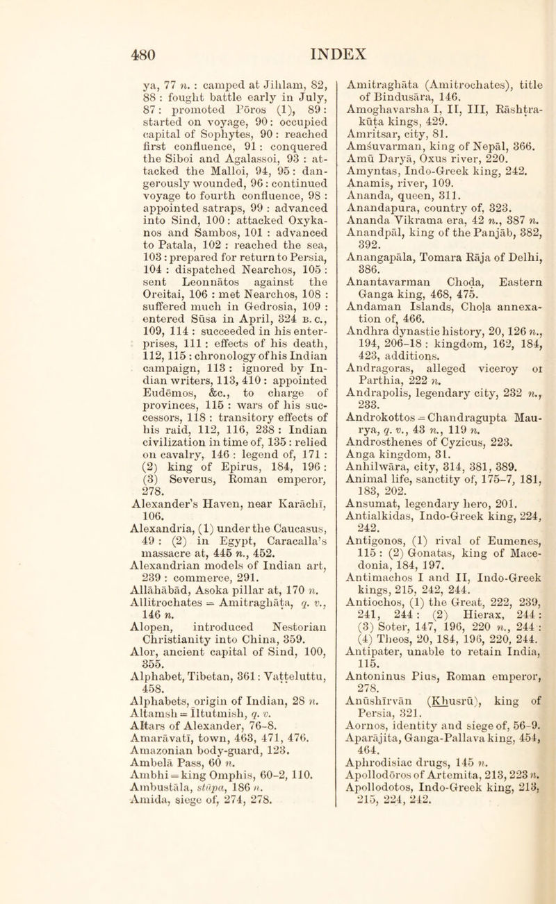 ya, 77 n. : camped at Jililam, 82, 88 : fought battle early in July, 87: promoted Poros (1), 89: started on voyage, 90: occupied capital of Sophytes, 90 : reached first confluence, 91 : conquered the Siboi and Agalassoi, 93 : at- tacked the Malloi, 94, 95: dan- gerously wounded, 96: continued voyage to fourth confluence, 98 : appointed satraps, 99 : advanced into Sind, 100: attacked Oxyka- nos and Sambos, 101 : advanced to Patala, 102 : reached the sea, 103 : prepared for return to Persia, 104 : dispatched Nearchos, 105 : sent Leonnatos against the Oreitai, 106 : met Nearchos, 108 : suffered much in Gedrosia, 109 : entered Susa in April, 324 b. c., 109, 114 : succeeded in his enter- prises, 111 : effects of his death, 112, 115 : chronology ofhis Indian campaign, 113 : ignored by In- dian writers, 113, 410 : appointed Eudemos, &c., to charge of provinces, 115 : wars of his suc- cessors, 118 : transitory effects of his raid, 112, 116, 238 : Indian civilization in time of, 135 : relied on cavalry, 146 : legend of, 171 : (2) king of Epirus, 184, 196 : (3) Severus, Roman emperor, 278. Alexander’s Haven, near Karachi, 106. Alexandria, (1) under the Caucasus, 49 : (2) in Egypt, Caracalla’s massacre at, 445 n., 452. Alexandrian models of Indian art, 239 : commerce, 291. Allahabad, Asoka pillar at, 170 n. Allitrochates = Amitraghata, q. v., 146 n. Alopen, introduced Nestorian Christianity into China, 359. Alor, ancient capital of Sind, 100, 355. Alphabet, Tibetan, 361: Vatteluttu, 458. Alphabets, origin of Indian, 28 n. Altamsh = lltutmish, q. v. Altars of Alexander, 76-8. Amaravatl, town, 463, 471, 476. Amazonian body-guard, 123. Ambela Pass, 60 n. Ambhi = king Omphis, 60-2, 110. Ambustala, stupa, 186 n. Amida, siege of, 274, 278. Amitraghata (Amitrochates), title of Bindusara, 146. Amoghavarsha I, II, III, Rashtra- kuta kings, 429. Amritsar, city, 81. Am^uvarman, king of Nepal, 366. Amu Darya, Oxus river, 220. Amyntas, Indo-Greek king, 242. Anamis, river, 109. Ananda, queen, 311. Anandapura, country of, 323. Ananda Yikrama era, 42 n., 387 n. Anandpal, king of the Panjab, 382, 392. Anangapala, Tomara Raja of Delhi, 386. Anantavarman Choda, Eastern Ganga king, 468, 475. Andaman Islands, Chola annexa- tion of, 466. Andhra dynastic history, 20, 126 ft., 194, 206-18 : kingdom, 162, 184, 423, additions. Andragoras, alleged viceroy oi Parthia, 222 n. Andrapolis, legendary city, 232 ft., 233. Androkottos —Chandragupta Mau- rya, q. v., 43 ft., 119 ft. Androsthenes of Cyzicus, 223. Anga kingdom, 31. Anhilwara, city, 314, 381, 389. Animal life, sanctity of, 175-7, 181, 183, 202. Ansumat, legendary hero, 201. Antialkidas, Indo-Greek king, 224, 242. Antigonos, (1) rival of Eumenes, 115 : (2) Gonatas, king of Mace- donia, 184, 197. Antimachos I and II, Indo-Greek kings, 215, 242, 244. Antiochos, (1) the Great, 222, 239, 241, 244: (2) Hierax, 244: (3) Soter, 147, 196, 220 ft., 244 : (4) Theos, 20, 184, 196, 220, 244. Antipater, unable to retain India, 115. Antoninus Pius, Roman emperor, 278. Anushlrvan (Khusru), king of Persia, 321. Aornos, identity and siege of, 56-9. Aparajita, Ganga-Pallava king, 454, 464. Aphrodisiac drugs, 145 n. Apollodoros of Artemita, 213, 223 ft. Apollodotos, Indo-Greek king, 213, 215, 224, 242.
