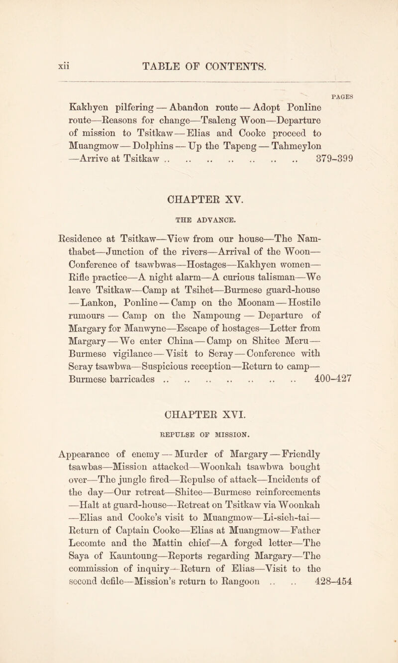 PAGES Kakhyen pilfering — Abandon route — Adopt Ponline route—Reasons for change—Tsaleng Woon—Departure of mission to Tsitkaw—Elias and Cooke proceed to Muangmow—Dolphins — Up the Tapeng — Tahmeylon —Arrive at Tsitkaw .. 379-399 CHAPTER XV. THE ADVANCE. Residence at Tsitkaw—View from our house—The Nam- thabet—Junction of the rivers—Arrival of the Woon— Conference of tsawbwas—Hostages—Kakhyen women— Rifle practice—A night alarm—A curious talisman—We leave Tsitkaw—Camp at Tsihet—Burmese guard-house —Lankon, Ponline — Camp on the Moonam — Hostile rumours — Camp on the Nampoung — Departure of Margary for Manwyne—Escape of hostages—Letter from Margary — We enter China — Camp on Shitee Meru— Burmese vigilance—Visit to Seray — Conference with Seray tsawbwa—Suspicious reception—Return to camp— Burmese barricades 400-427 CHAPTER XVI. REPULSE OF MISSION. Appearance of enemy — Murder of Margary — Friendly tsawbas—Mission attacked—Woonkali tsawbwa bought over—The jungle fired—Repulse of attack—Incidents of the day—Our retreat—Shitee—Burmese reinforcements —Halt at guard-house—Retreat on Tsitkaw via Woonkah —Elias and Cooke’s visit to Muangmow—Li-sieh-tai— Return of Captain Cooke—Elias at Muangmow—Father Lecomte and the Mattin chief—A forged letter—The Saya of Kauntoung—Reports regarding Margary—The commission of inquiry—Return of Elias—Visit to the second defile—Mission’s return to Rangoon .. .. 428-454