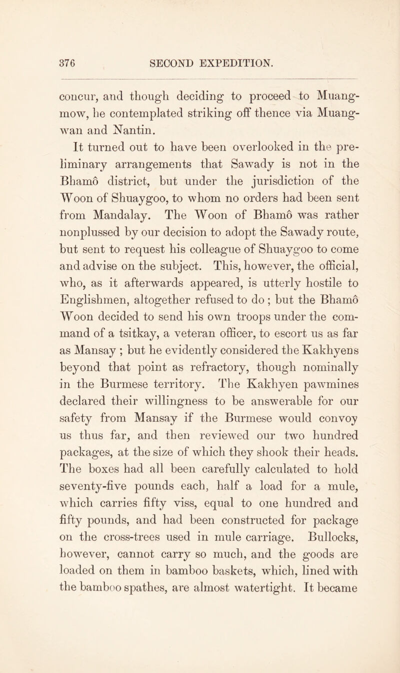 concur, and though deciding to proceed to Muang- mow, he contemplated striking off thence via Muang- wan and Nantin. It turned out to have been overlooked in the pre- liminary arrangements that Sawady is not in the Bhamo district, but under the jurisdiction of the Woon of Shuaygoo, to whom no orders had been sent from Mandalay. The Woon of Bhamo was rather nonplussed by our decision to adopt the Sawady route, but sent to request his colleague of Shuaygoo to come and advise on the subject. This, however, the official, who, as it afterwards appeared, is utterly hostile to Englishmen, altogether refused to do ; but the Bhamo Woon decided to send his own troops under the com- mand of a tsitkay, a veteran officer, to escort us as far as Mansay ; but he evidently considered the Kakhyens beyond that point as refractory, though nominally in the Burmese territory. The Kakhyen pawmines declared their willingness to be answerable for our safety from Mansay if the Burmese would convoy us thus far, and then reviewed our two hundred packages, at the size of which they shook their heads. The boxes had all been carefully calculated to hold seventy-five pounds each, half a load for a mule, which carries fifty viss, equal to one hundred and fifty pounds, and had been constructed for package on the cross-trees used in mule carriage. Bullocks, however, cannot carry so much, and the goods are loaded on them in bamboo baskets, which, lined with the bamboo spathes, are almost watertight. It became