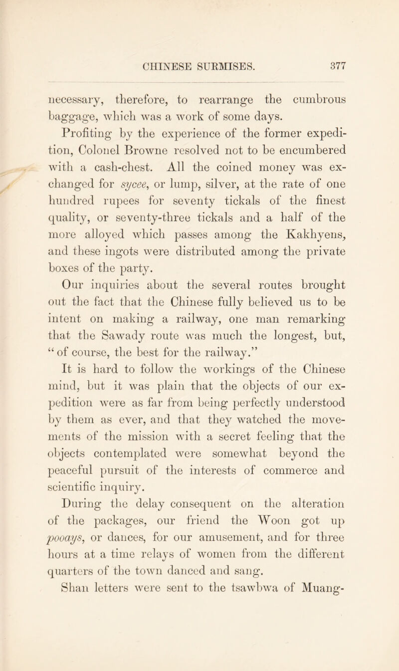 necessary, therefore, to rearrange the cumbrous baggage, which was a work of some days. Profiting by the experience of the former expedi- tion, Colonel Browne resolved not to be encumbered with a cash-chest. All the coined money was ex- changed for sycee, or lump, silver, at the rate of one hundred rupees for seventy tickals of the finest quality, or seventy-three tickals and a half of the more alloyed which passes among the Kakhyens, and these ingots were distributed among the private boxes of the party. Our inquiries about the several routes brought out the fact that the Chinese fully believed us to be intent on making a railway, one man remarking that the Sawady route was much the longest, but, “ of course, the best for the railway.” It is hard to follow the workings of the Chinese mind, but it was plain that the objects of our ex- pedition were as far from being perfectly understood by them as ever, and that they watched the move- ments of the mission with a secret feeling that the objects contemplated were somewhat beyond the peaceful pursuit of the interests of commerce and scientific inquiry. During the delay consequent on the alteration of the packages, our friend the Woon got up pooays, or dances, for our amusement, and for three hours at a time relays of women from the different quarters of the town danced and sang. Shan letters were sent to the tsawbwa of Muang-