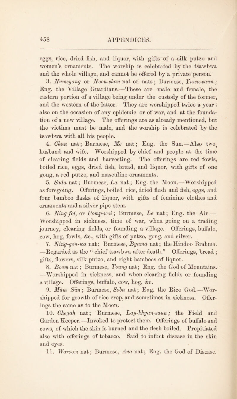 eggs, rice, dried fish, and liquor, with gifts of a silk putzo and women’s ornaments. The worship is celebrated by the tsawbwa and the whole village, and cannot be offered by a private person. 3. Numsyang or Noon-shan nat or nats; Burmese, Yuwa-saun; Eng. the Village Guardians.—These are male and female, the eastern portion of a village being under the custody of the former, and the western of the latter. They are worshipped twice a year ; also on the occasion of any epidemic or of war, and at the founda- tion of a new village. The offerings are as already mentioned, but the victims must be male, and the worship is celebrated by the tsawbwa with all his people. 4. Chan nat; Burmese, Me nat; Eng. the Sun.—Also two^ husband and wife. Worshipped by chief and people at the time of clearing fields and harvesting. The offerings are red fowls, boiled rice, eggs, dried fish, bread, and liquor, with gifts of one gong, a red putzo, and masculine ornaments. 5. Sada nat; Burmese, La nat; Eng. the Moon.—Worshipped as foregoing. Offerings, boiled rice, dried flesh and fish, eggs, and four bamboo flasks of liquor, with gifts of feminine clothes and ornaments and a silver pipe stem. 6. Ningfoi, or Pomp-woi; Burmese, Le nat; Eng. the Air.— Worshipped in sickness, time of war, when going on a trading journey, clearing fields, or founding a village. Offerings, buffalo, cow, hog, fowls, &c., with gifts of putzo, gong, and silver. 7. Ning-gon-wa nat; Burmese, Byarna nat; the Hindoo Brahma. —Regarded as the “ chief tsawbwa after death.” Offerings, bread ; gifts, flowers, silk putzo, and eight bamboos of liquor. 8. Boom nat; Burmese, Toung nat; Eng. the God of Mountains. —Worshipped in sickness, and when clearing fields or founding a village. Offerings, buffalo, cow, hog, &c. 9. Mum Sun ; Burmese, Soba nat; Eng. the Rice God.—Wor- shipped for growth of rice crop, and sometimes in sickness. Offer- ings the same as to the Moon. 10. Chegah nat; Burmese, Lay-hhyan-saun; the Field and Garden Keeper.—Invoked to protect them. Offerings of buffalo and cows, of which the skin is burned and the flesh boiled. Propitiated also with offerings of tobacco. Said to inflict disease in the skin and eyes. 11. Waroom nat; Burmese, Ana nat; Eng. the God of Disease.