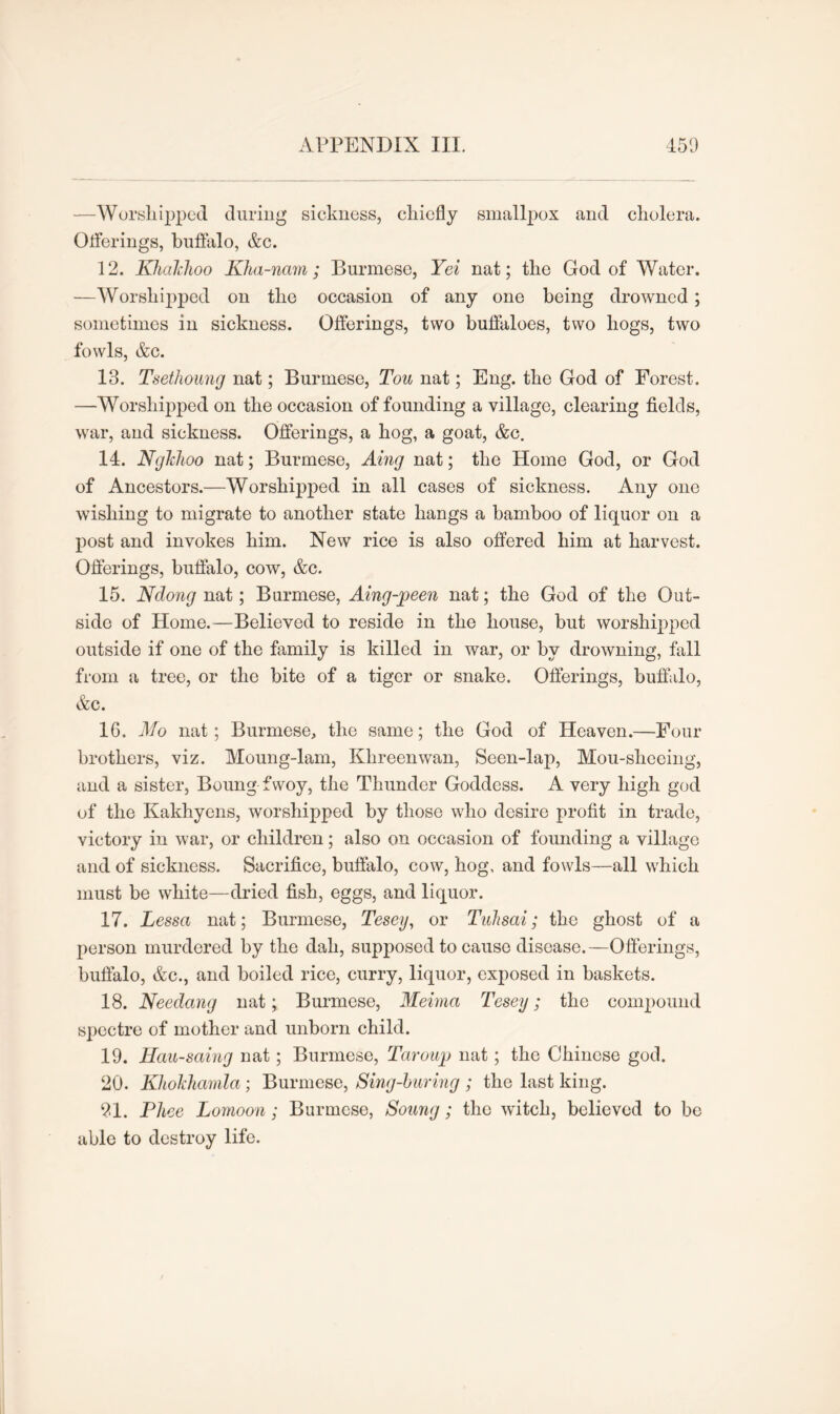 —Worshipped during sickness, chiefly smallpox and cholera. Offerings, buffalo, &c. 12. Khalthoo Kha-nam; Burmese, Yei nat; the God of Water. —Worshipped on the occasion of any one being drowned; sometimes in sickness. Offerings, two buffaloes, two hogs, two fowls, &c. 13. Tsethoung nat; Burmese, Tou nat; Eng. the God of Forest. —Worshipped on the occasion of founding a village, clearing fields, war, and sickness. Offerings, a hog, a goat, &c. 14. NgJchoo nat; Burmese, Aing nat; the Home God, or God of Ancestors.—Worshipped in all cases of sickness. Any one wishing to migrate to another state hangs a bamboo of liquor on a post and invokes him. New rice is also offered him at harvest. Offerings, buffalo, cow, &c. 15. Ndong nat; Burmese, Aing-peen nat; the God of the Out- side of Home.—Believed to reside in the house, but worshipped outside if one of the family is killed in war, or by drowning, fall from a tree, or the bite of a tiger or snake. Offerings, buffalo, &c. 16. Mo nat; Burmese, the same; the God of Heaven.—Four brothers, viz. Moung-lam, Khreenwan, Seen-lap, Mou-slieeing, and a sister, Boung fwoy, the Thunder Goddess. A very high god of the Kakhyens, worshipped by those who desire profit in trade, victory in war, or children; also on occasion of founding a village and of sickness. Sacrifice, buffalo, cow, hog, and fowls—all which must be white—dried fish, eggs, and liquor. 17. Lessa nat; Burmese, Tesey, or Tuhsai; the ghost of a person murdered by the dah, supposed to cause disease.—Offerings, buffalo, &c., and boiled rice, curry, liquor, exposed in baskets. 18. Needcing nat; Burmese, Meima Tesey; the compound spectre of mother and unborn child. 19. Hau-saing nat; Burmese, Taroup nat; the Chinese god. 20. Kliokhamla ; Burmese, Sing-luring ; the last king. 21. Phee Lomoon; Burmese, Soung; the witch, believed to be able to destroy life.