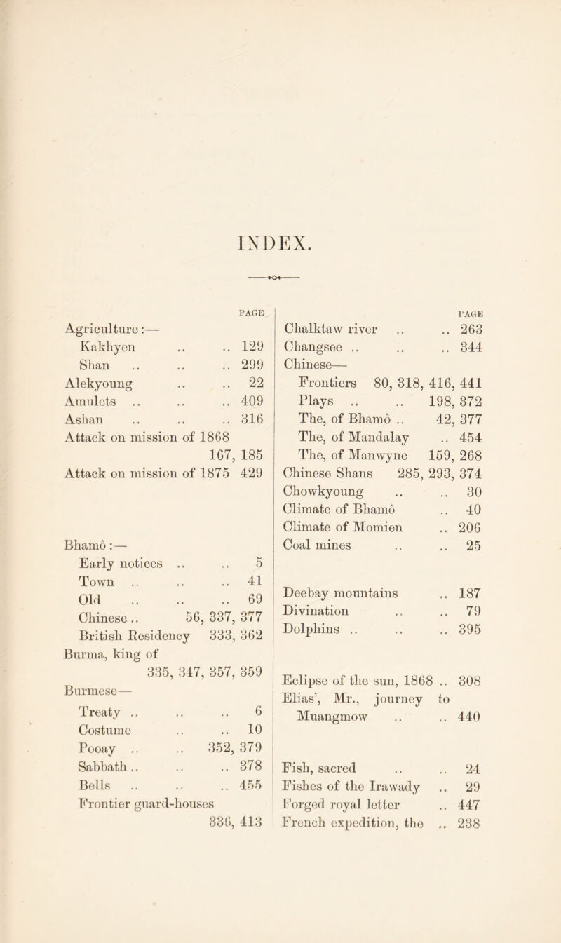 -*o*- PAGE Agriculture:— Kakhyen 129 Shan 299 Alekyoung 22 Amulets 409 Ashan 316 Attack on mission of 1868 167, 185 Attack on mission of 1875 429 Bhamo: — Early notices 5 Town .. 41 Old .. 69 Chinese.. 56, 337, 377 British Residency 333, 362 Burma, king of 335, 347, 357, 359 Burmese— Treaty .. 6 Costume .. 10 Pooay .. 352, 379 Sabbath .. .. 378 Bells .. 455 Frontier guard-houses 330, 413 PAGE Chalktaw river .. .. 263 Changsee .. .. .. 344 Chinese— Frontiers 80, 318, 416, 441 Plays .. .. 198,372 The, of Bhamo .. 42, 377 The, of Mandalay .. 454 The, of Manwyne 159, 268 Chinese Shans 285, 293, 374 Chowkyoung .. .. 30 Climate of Bhamo .. 40 Climate of Momien .. 206 Coal mines .. .. 25 Deebay mountains .. 187 Divination .. .. 79 Dolphins .. .. .. 395 Eclipse of the sun, 1868 .. 308 Eli as’, Mr., journey to Muangmow .. .. 440 Fish, sacred .. .. 24 Fishes of the Ira wady .. 29 Forged royal letter .. 447 French expedition, the .. 238