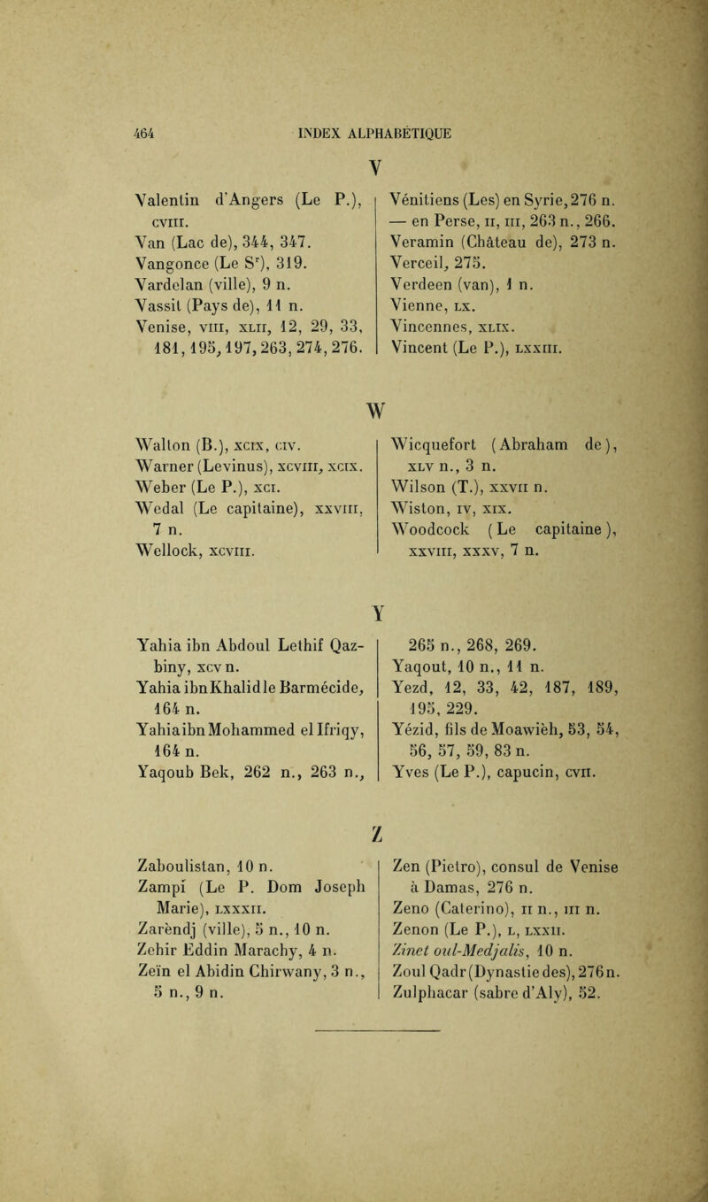 Y Valenliii d’Angers (Le P.), cvni. Van (Lac de), 344, 347. Vangonce (Le S), 319. Vardelan (ville), 9 n. Vassil (Pays de), H n. Venise, viii, xlii, 12, 29, 33, 181,195,197,263,274,276. Vénitiens (Les) en Syrie, 276 n — en Perse, ii, iri, 263 n., 266 Veramin (Château de), 273 n Verceil, 275. Verdeen (van), 1 n. Vienne, lx. Vincennes, xlix. Vincent (Le P.), Lxxrii. w Wallon (B.), xcix, civ. Warner (Levinus), xcvirr, xcrx. Weber (Le P.), xci. Wedal (Le capitaine), xxvrri, 7 n. Wellock, xcvrii. Wicquefort (Abraham de), XLV n., 3 n. Wilson (T.), xxvri n. Wiston, IV, XIX. Woodcock ( Le capitaine ), XXVIII, XXXV, 7 n. Y Yahia ibn Abdoul Lethif Qaz- biny, xcv n. Yahia ibnKhalidle Barmécide, 164 n. YahiaibnMohammed ellfriqy, 164 n. Yaqoub Bek, 262 n., 263 n., 265 n., 268, 269. Yaqout, 10 n., 11 n. Yezd, 12, 33, 42, 187, 189, 195, 229. Yézid, fils deMoawièh, 53, 54, 56, 57, 59, 83 n. Yves (Le P.), capucin, cvii. Zahoulistan, 10 n. Zampi (Le P. Dom Joseph Marie), nxxxii. Zarèndj (ville), 5 n., 10 n. Zehir Eddin Marachy, 4 n. Zeïn el Abidin Chirwany, 3 n., 5 n., 9 n. Zen (Pietro), consul de Venise à Damas, 276 n. Zeno (Caterino), ii n., ni n. Zenon (Le P.), l, lxxii. Zinei oul-Medjalis, 10 n. Zoul Qadr(Dynastiedes), 276n. Zulpliacar (sabre d’Aly), 52.