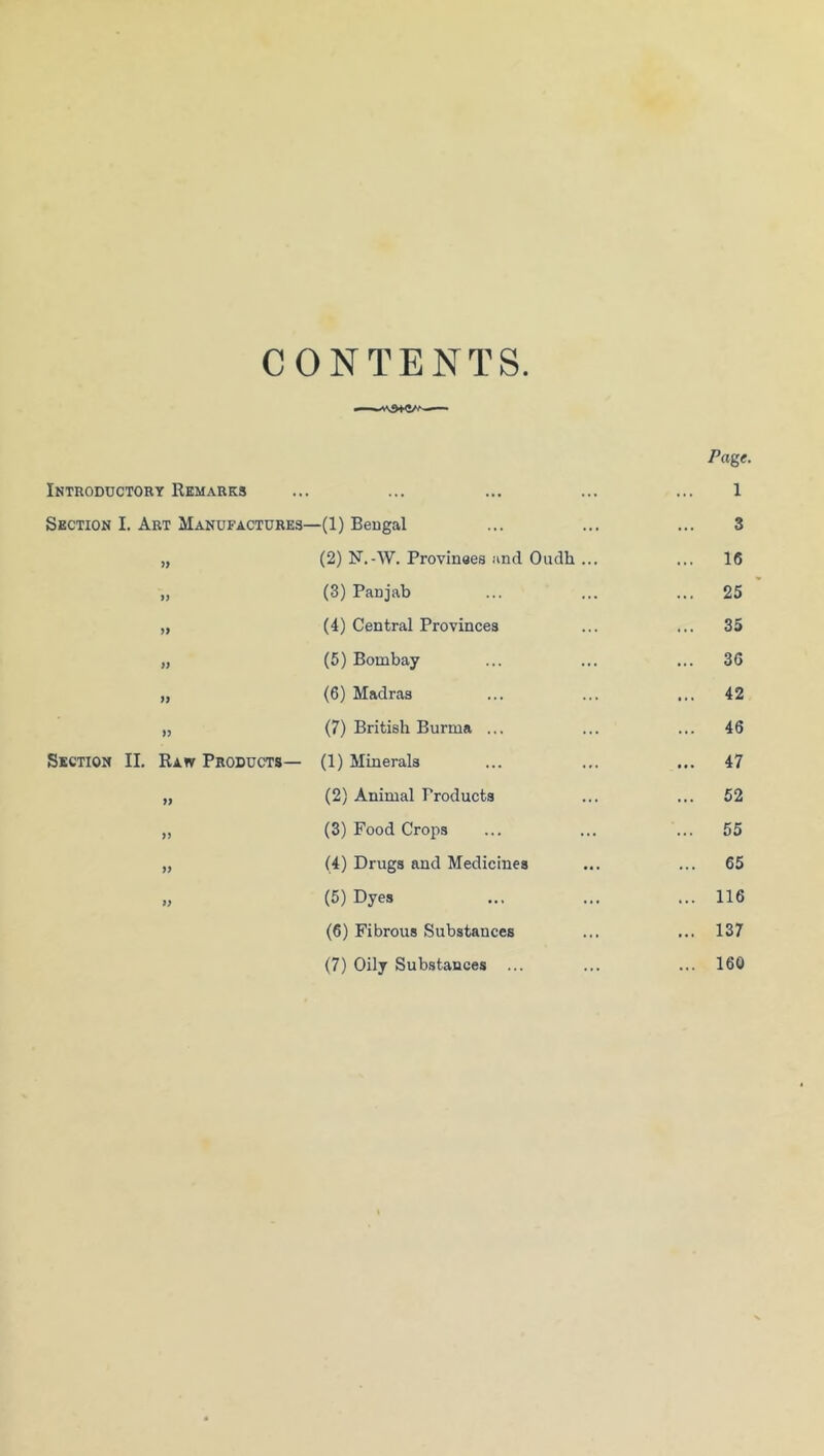CONTENTS. Page. Introductory Remarks ... ... ... ... ... 1 Section I. Art Manufactures—(1) Beugal ... ... ... 3 „ (2) N.-W. Provinoes and Oudh ... ... 16 „ (3) Panjab ... ... ... 25 „ (4) Central Provinces ... ... 35 „ (5) Bombay ... ... ... 36 „ (6) Madras ... ... ... 42 „ (7) British Burma ... ... ... 46 Section II. Raw Products— (1) Minerals ... ... ... 47 „ (2) Animal Products ... ... 52 „ (3) Food Crops ... ... ... 55 „ (4) Drugs and Medicines ... ... 65 „ (5) Dyes ... ... ... 116 (6) Fibrous Substances ... ... 137