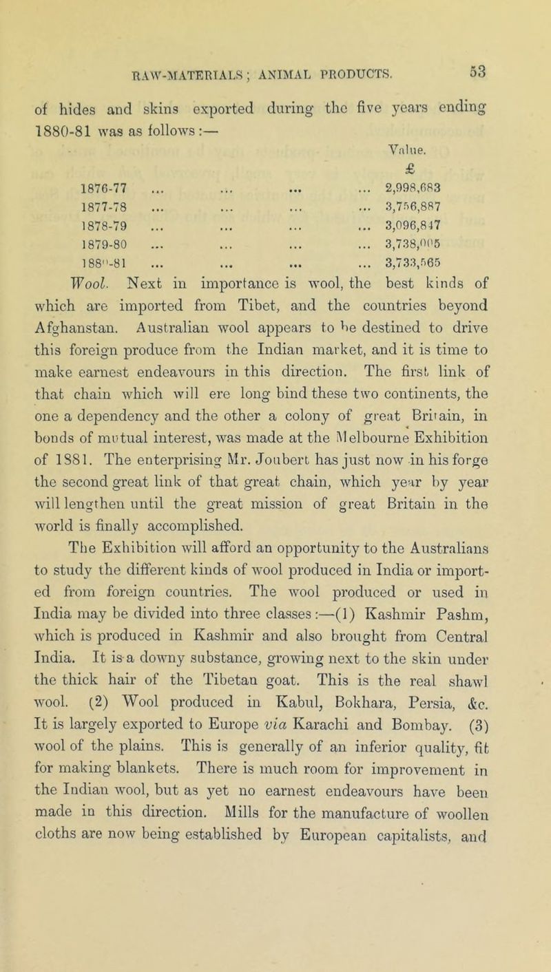 TIAW-MATERTALS ; ANIMAL PRODUCTS. of hides and skins exported during the five years ending 1880-81 was as follows:— Value. £ 1876-77 ... ... ... ... 2,998,683 1877- 78 1878- 79 1879- 80 188'’-81 3,7.'i6,887 3,096,847 3,738,n('5 3,733,.'')65 TFoo^. Next in importance is avooI, the best kinds of which are imported from Tibet, and the countries beyond Afghanstan. Australian wool appears to be destined to drive this foreign produce from the Indian market, and it is time to make earnest endeavours in this direction. The first link of that chain which will ere long bind these two continents, the one a dependency and the other a colony of great Britain, in bonds of mutual interest, was made at the i\lelbourne Exhibition of 1881. The enterprising Mr. Joubert has just now in his forge the second great link of that great chain, which year by year will lengthen until the great mi.ssion of great Britain in the world is finally accomplished. The Exhibition will afford an opportunity to the Australians to study the different kinds of wool produced in India or import- ed from foreign countries. The wool produced or used in India may be divided into three classes:—(1) Kashmir Pashm, which is produced in Kashmir and also brought from Central India. It is a downy substance, growing next to the skin under the thick hair of the Tibetan goat. This is the real shawl wool. (2) Wool produced in Kabul, Bokhara, Persia, &c. It is largely exported to Europe via Karachi and Bombay. (3) wool of the plains. This is generally of an inferior quality, fit for making blankets. There is much room for improvement in the Indian wool, but as yet no earnest endeavours have been made in this direction. Mills for the manufacture of woollen cloths are now being established by European capitalists, and