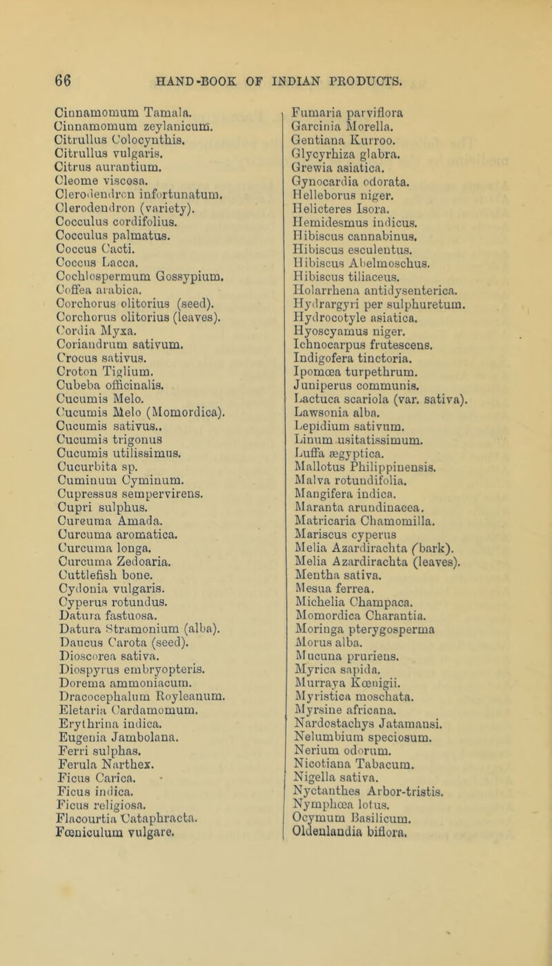 Ciuuamomum Tamala. Ciimamomum zeylanicuns, Citiullus Colocynthis. Citrullus vulgaris. Citrus aurautium. Cleome viscosa. Cleroileudrcu infortunatum. Olerodeudron (variety). Cocculus cordifolius. Cocculus palmatus. Coccus Cacti. Coccus Lacca. Cochlospermum Gossypium. Coffea aiabica. Corchorus olitorius (seed). Corchorus olitorius (leaves), (^rdia Myxa. Coriaudrum sativum. Crocus sativus. Croton Tiglium. Cubeba officinalis. Cucumis Melo. (fficumis Melo (Momordica). Cucumis sativus.. Cucumis trigonus Cucumis utilisaimus. Cucurbita sp. Cuminum Cyminum. Cupressus seinpervirens. Cupri sulphus. Curcuma Amada. Curcuma aromatica. Curcuma longa. Curcuma Zedoaria. Cuttlefish bone. Cydouia vulgaris. Cyperus rotuudus. Datura fastuosa. Datura Stramonium (alba). Daucus Carota (seed). Dioscorea sativa. Diospyrus embryopteris. Dorema ammouiacum. Dracocephalum Royleanum. Eletaria Cardamomum. Erythrina iudica. Eugeuia Jambolana. Ferri sulphas. Ferula Narthex. Ficus Carica. Ficus iudica. Ficus religiosa. Flacourtia Cataphracta. Fmuiculum vulgare. Fumaria parviflora Garciiiia Morelia. Geutiaua Kurroo. Glycyrhiza glabra. Grewia asiatica. Gynocardia odorata. Helleborus uiger. Helicteres Isora. Ilemidesmus iudicus. Hibiscus caunabinus. Hibiscus esculeutus. 11 ibiscus Abelmoschus. Hibiscus tiliaceus. Holarrhena antidysenterica. Hydrargyri per sulphuretum. Hydrocotyle asiatica. Hyoscyamus niger. Ichnocarpus frutescens. Indigofera tinctoria. Ipomoea turpethrum. Juniperus communis. Lactuca scariola (var. sativa). Lawsoiiia alba. Lepidium sativum. Linum usitatlssimum. Luffa aegyptica. Mallotus Philippiuensis. Malva rotuudifolia. Mangifera indica. Maranta arundinacea. Matricaria Chamomilla. Mariscus cyperus Melia Azardirachta ('b.ark). Melia Azardirachta (leaves). Mentha sativa. Mesua ferrea. Michelia Champaca. Momordica Charantia. Moriuga pterygosperma Morus alba. Mucuna prurieus. Myrica sapid a. Murraya Koenigii. Myristica moschata. Myrsine africnna. Nardostachys Jatamausi. Nelumbium speciosum. Nerium odorum. Nicotiaua Tabacum. Nigella sativa. Nyctanthes Arbor-tristis. Nymphoca lotus. Ocymum Basilicum. Oldeulaudia biflora.
