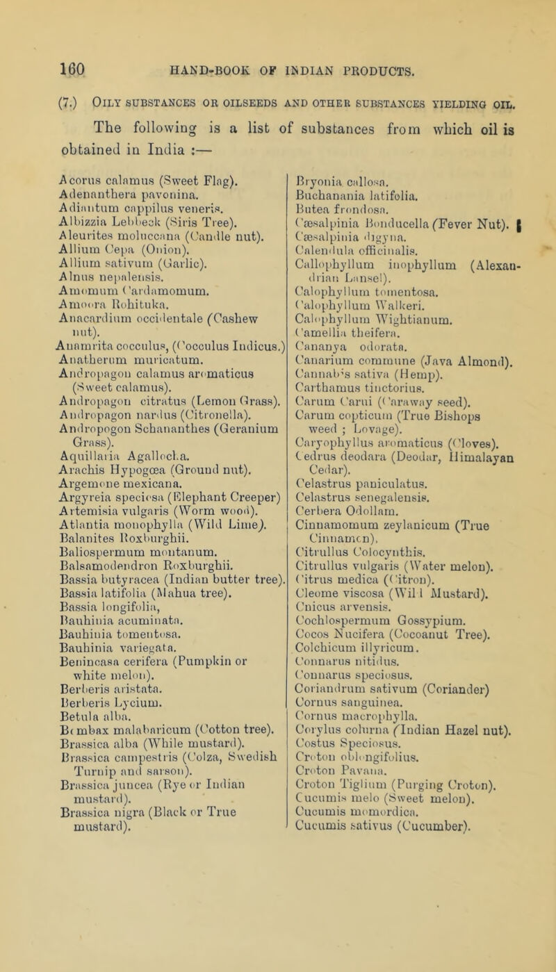(7.) OiLt SUBSTANCES OE OILSEEDS AND OTHER SUBSTANCES YIELDING OIL. The following is a list of substances from which oil is obtained in India :— A corns calormis (Sweet Flng). Adennnthera pavoiiina. Adiiiiituni Cfippilus veneris. Albizzia Lebbeok (Siris Tree). Aleurites mohiccnna ((.'auille nut). Allium Cepa (Onion). Allium sativum (Garlic). A Inns nepnlensis. Amomum ('anlamomum. Amonra Uohitnka. Anacarilium occi'ientale fCashew nut). Aunmrita coccnlus, (('occulus Iiulicus.) Anatherum muricatum. Anch’opagon calamus arcmaticus (Sweet calamus). Andropagoii citratus (Lemon (^rass). Amlropngon nardus (Citronella). Andropogou Scbananthes (Geranium Grass). Aquillaria Agallocl.a. Arachis Hypogoea (Ground nut). Argemcne mexicana. Argyreia specicsa (Rlephant Creeper) Artemisia vulgaris (Worm wood). Atlantia monophylla (Wild Lime^. Balanites Roxbnrghii. Baliospermum montanum. Balsnmodendron Roxburghii. Bassia butyracea (Indian butter tree). Bassia latifolia (Mahua tree). Bassia longifolia, Bauhinia acuminata. Bauhinia tomentosa. Bauhinia variegata. Beninoasa cerifera (Pumpkin or white melon). Berberis aristata. Berberis Lycium. Betula alba. Bcmbax malabaricum (Cotton tree). Brassica alba (While mustard). Brassica campestris ((.'olza, Swedish Turnip ami saison). Brassica juncea (Rye or Indian mustard). Brassica nigra (Black or True mustard). Bryonia Callosa. Buchanania latifolia. Bntea fjondosa. Cffisalpinia Honducella (Fever Nut). | Csesalpinia djgyna. Calendula officinalis. Callophyllum inophyllum (Alexan- driat! Lansel). Calophyllum tomentosa. ('alophyllum Walkeri. Calophyllum Wightianum. Camellia theifera. Cananya odorata. Canarium commune (Java Almond). Cannali’s sativa (Hemp). Carthamus tinctorius. Carum Carui (Caraway seed). Carum copticum (True Bishops weed ; Lovage). Caiyophyllus aromaticus (Cloves), Cedrus deodara (Deodar, Himalayan Cedar). Celastrus paniculatus. Celastrus senegalensis. Cerbera Odollam. Cinnamomum zeylanicum (True Cinnamcn), Citrullus Colocynthis. Citrullus vulgaris (Water melon). Citrus medica (Citron). Cleorae viscosa (Wil 1 Mustard). Cnicus arvensi.s. Cochlospermum Gossypium. Cocos Nucifera (Cocoanut Tree). Colchicum illyricum. Connarns nitidu.s. Counarus speciosus. Coriandrum sativum (Coriander) Coruus sanguinea. Cornus macrophylla. Corylus colnrna (Indian Hazel nut). C.'ostus Speciosus. Croton oblongifolius. Croton Pavana. Croton Tiglium (Purging Croton). Cucumis melo (Sweet melon). Cucumis momordica. Cucumis .sativus (Cucumber).