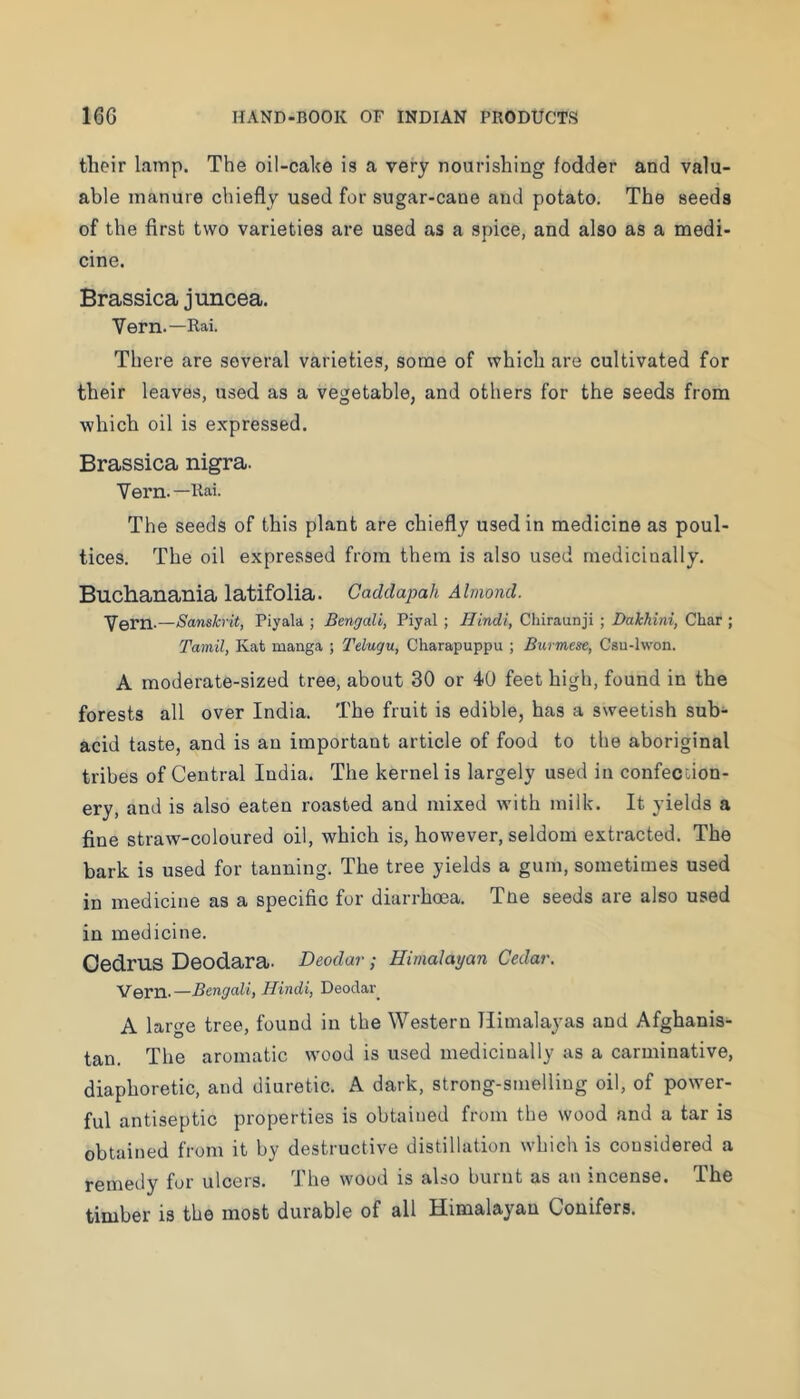 their lamp. The oil-cahe is a very nourishing fodder and valu- able manure chiefly used for sugar-cane and potato. The seeds of the first two varieties are used as a spice, and also as a medi- cine. Brassica juncea. Vern.—Rai. There are several varieties, some of which are cultivated for their leaves, used as a vegetable, and others for the seeds from which oil is expressed. Brassica nigra. Vern.—Rai. The seeds of this plant are chiefly used in medicine as poul- tices. The oil expressed from them is also used medicinally. Buchanania latifolia. Caddapah Almond. Vern.—Sanskrit, Piyala ; Bengali, Piyal ; Hindi, Chiraunji ; Dakhini, Char ; Tamil, Kat manga ; Telugu, Charapuppu ; Burmese, Csu-lwon. A moderate-sized tree, about 30 or 40 feet high, found in the forests all over India. The fruit is edible, has a sweetish sub- acid taste, and is an important article of food to the aboriginal tribes of Central India. The kernel is largely used in confection- ery, and is also eaten roasted and mixed wdth milk. It yields a fine straw-coloured oil, which is, however, seldom extracted. The bark is used for tanning. The tree yields a gum, sometimes used in medicine as a specific for diarrhoea. Tne seeds aie also used in medicine. Oedrus Deodara. DeodarHimalayan Cedar. Vern.—Bengali, Hindi, Deodar^ A large tree, found in the Western Himalayas and Afghanis- tan. The aromatic wood is used medicinally as a carminative, diaphoretic, and diuretic. A dark, strong-smelling oil, of power- ful antiseptic properties is obtained from the wood and a tar is obtained from it by destructive distillation which is considered a remedy for ulcers. The wood is also burnt as an incense. The timber is the most durable of all Himalayan Conifers.