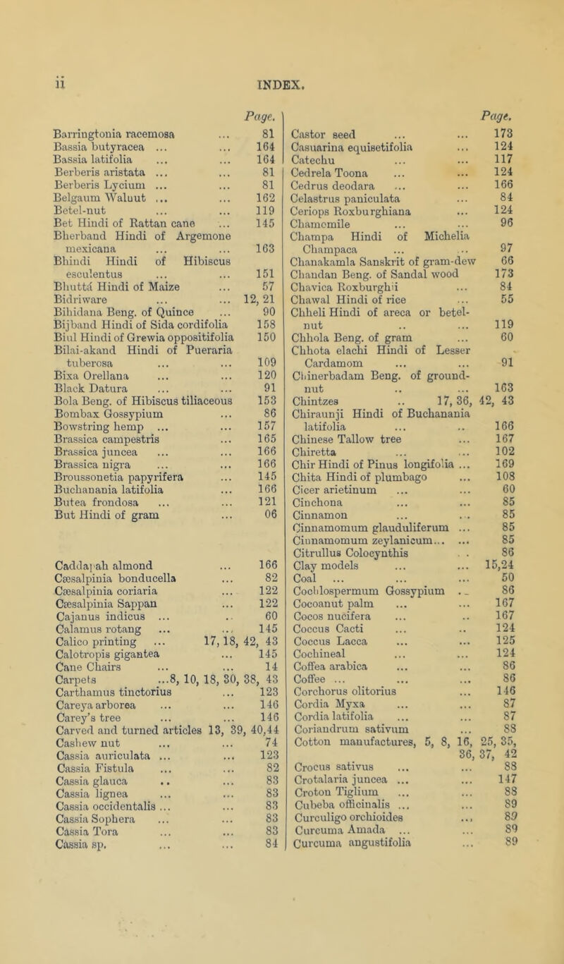 Barringtouia racemosa Page. 81 Bassia butyracea ... 164 Basaia latifolia 164 Berberis aristata ... 81 Berberis Lyciuni ... 81 Belgaum Waluut ... 162 Betel-nut 119 Bet Hindi of Rattan cane 145 Blierband Hindi of Argemone mexicana 163 Bhindi Hindi of Hibiscus esculentus 151 Bhuttif Hindi of Maize 57 Bidriware 12,21 Bihidana Beng. of Quince 90 Bijband Hindi of Sida cordifolia 158 Biiil Hindi of Grewia oppositifolia 150 Bilai-akand Hindi of Pueraria tuberosa 109 Bixa Orellana 120 Black Datura 91 Bola Beng. of Hibiscus tiliaceous 153 Bombax Gossypium 86 Bowstring hemp 157 Brassica campestris 165 Brassica juncea 166 Brassica nigra 166 Broussonetia papyrifera 145 Buchanania latifolia 166 Butea frondosa 121 But Hindi of gram 06 Caddapah almond 166 CtC.salpinia bonducella ... 82 Ctesalpiuia coriaria 122 Csesalpinia Sappan 122 Cajauus indicus ... 60 Calamus rotang .. 1 145 Calico printing ... 17, 18, 42, 43 Calotropis gigantea 145 Cane Chairs ,,, 14 Carpets ...8, 10, 18, 30, 38, 43 Carthamus tinctorius . ,, 123 Careya arborea ... 146 Carey’s tree 146 Carved and turned articles 13 ,39 1, 40,44 Cashew nut ,,, 74 Cassia auriculata ... .. • 123 Cassia Fistula . .. 82 Cassia glauca ... 83 Cassia lignea ... 83 Cassia occidentalis ... 83 Cas.sia Sophera ... 83 Cassia Tora ... 83 Cassia sp. ... 84 Castor seed Page. 173 Casuarina equisetifolia 124 Catechu 117 CedrelaToona 124 Cedrus deodara 166 Celastrus paniculata 84 Ceriops Roxburghiaua 124 Chamomile 96 Champa Hindi of Michelia Champaca 97 Chanakamla Sanskrit of gram-dew 66 Chaudan Beng. of Sandal wood 173 Chavica Roxburghii 84 Chawal Hindi of rice 55 Chheli Hindi of areca or betel- nut 119 Chhola Beng. of gram 60 Chhota elachi Hindi of Lesser Cardamom 91 Cliinerbadam Beng. of ground- nut 163 Chintzes .. 17,36, 42, 43 Chiraunji Hindi of Buchanania latifolia 166 Chinese Tallow tree 167 Chiretta 102 Chir Hindi of Pinus longifolia ... 169 Chita Hindi of plumbago 108 Cicer arietinum 60 Cinchona 85 Cinnamon 85 Cinnamomum glauduliferum ... 85 Ciunamomum zeylanicum 85 Citrullus Colocynthis . . 86 Clay models 15,24 Coal 50 Cocldospermum Gossypium . _ 86 Cocoanut palm 167 Cocos nucifera 167 Coccus Cacti 124 Coccus Lacca 125 Cochineal 124 Coffea arabica 86 Coffee ... 86 Corchorus olitorius 146 Cordia Myxa 87 Cordia latifolia 87 Coriandrum sativum 88 Cotton manufactures, 5, 8, 16, 25, 35, 36, 37, 42 Crocus sativus 88 Crotalaria juncea ... 147 Croton Tiglium 88 Cubeba officinalis ... 89 Curculigo orchioides .., 89 Curcuma Amada ... 89 Curcuma angustifolia 89