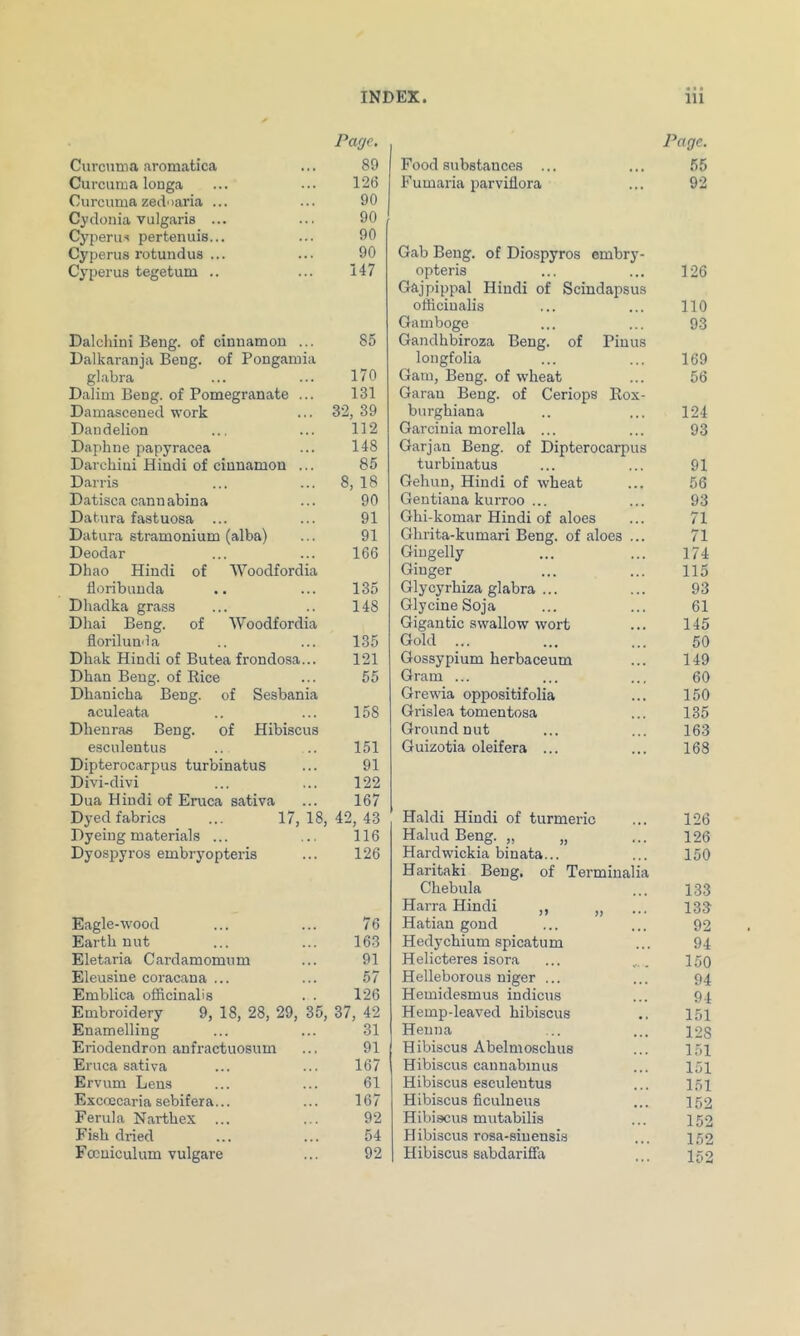 Page. Page. Curcnma aroniatica 89 Food substances ... 55 Curcuma louga 126 Fumaria parviflora 92 Curcuma zedoaria ... 90 Cydonia vulgaris ... 90 Cyperus pertenuis... 90 Cyperus rotundus ... 90 Gab Beng. of Diospyros embry- Cyperus tegetum .. 147 opteris 126 Gajpippal Hindi of Scindapsus officinalis 110 Gamboge 93 Dalchini Beng. of cinnamon ... 85 Gandhbiroza Beng. of Pinus Dalkaranja Beng. of Pongamia longfolia 169 glabra 170 Gam, Beng. of wheat 56 Dalim Beng. of Pomegranate ... 131 Garau Beng. of Ceriops Kox- Damascened work 32, 39 burghiana 124 Dandelion 112 Garcinia morella ... 93 Daphne papyracea 148 Garjan Beng. of Dipterocarpus Darchiui Hindi of cinnamon ... 85 turbinatus 91 Darris 8, 18 Gehun, Hindi of wheat 56 Datisca cannabina 90 Gentiana kurroo ... 93 Datura fastuosa ... 91 Ghi-komar Hindi of aloes 71 Datura stramonium (alba) 91 Ghrita-kumari Beng. of aloes ... 71 Deodar 166 Giugelly 174 Dhao Hindi of Woodfordia Ginger 115 floribunda 135 Glycyrhiza glabra ... 93 Dhadka grass 148 Glycine Soja 61 Dhai Beng. of Woodfordia Gigantic swallow wort 145 florilunda 135 Gold ... 50 Dhak Hindi of Butea frondosa... 121 Gossypium herbaceum 149 Dhan Beng. of Kice 55 Gram ... 60 Dhanicha Beng. of Sesbania Grewia oppositifolia 150 aculeata 158 Grislea tomentosa 135 Dhenras Beng. of Hibiscus Groundnut 163 esculentus 151 Guizotia oleifera ... 168 Dipterocarpus turbinatus 91 Divi-divi 122 Dua Hindi of Eruca sativa 167 Dyed fabrics ... 17,18, 42, 43 Haldi Hindi of turmeric 126 Dyeing materials ... 116 Halud Beng. „ „ 126 Dyospyros embryopteris 126 Hardwickia binata... 150 Haritaki Beng. of Terminalia Cliebula 133 Harra Hindi ,, „ 133 Eagle-wood 76 Hatian gond 92 Earth nut 163 Hedychium spicatum 94 Eletaria Cardamomum 91 Helicteres isora 150 Eleusine coracana ... 57 Helleborous niger ... 94 Emblica officinalis . . 126 Hemidesmus indicus 94 Embroidery 9, 18, 28, 29, 35, 37, 42 Hemp-leaved hibiscus 151 Enamelling 31 Henna 128 Eriodendron anfractuosum 91 Hibiscus Abelmoschus 151 Eruca sativa 167 Hibiscus cannabinus 151 Ervum Lens 61 Hibiscus esculentus 151 Excoocaria sebifera... 167 Hibiscus ficulneus 152 Ferula Narthex 92 Hibiscus mutabilis 152 Fish dried 54 Hibiscus rosa-siuensis 152 Focniculum vulgare 92 Hibiscus sabdarifia 152