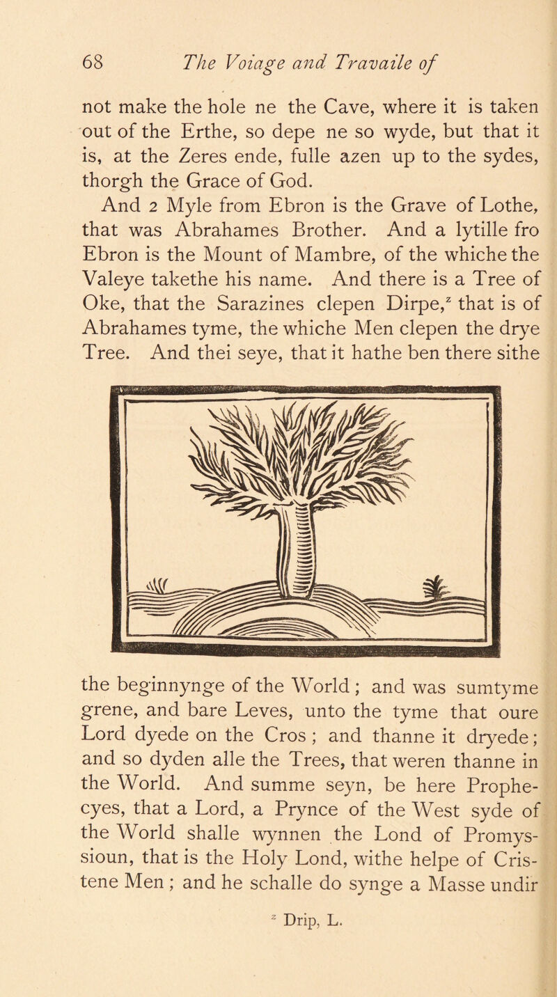 not make the hole ne the Cave, where it is taken out of the Erthe, so depe ne so wyde, but that it is, at the Zeres ende, fulle azen up to the sydes, thorgh the Grace of God. And 2 Myle from Ebron is the Grave of Lothe, that was Abrahames Brother. And a lytille fro Ebron is the Mount of Mambre, of the whiche the Valeye takethe his name. And there is a Tree of Oke, that the Sarazines clepen Dirpe,^ that is of Abrahames tyme, the whiche Men clepen the drye Tree. And thei seye, that it hathe ben there sithe the beginnynge of the World ; and was sumtyme grene, and bare Leves, unto the tyme that oure Lord dyede on the Cros ; and thanne it dryede; and so dyden alle the Trees, that weren thanne in the World. And summe seyn, be here Prophe- cyes, that a Lord, a Prynce of the West syde of the World shade wynnen the Lond of Promys- sioun, that is the Holy Lond, withe helpe of Cris- tene Men ; and he schalle do synge a Masse undir ^ Drip, L.