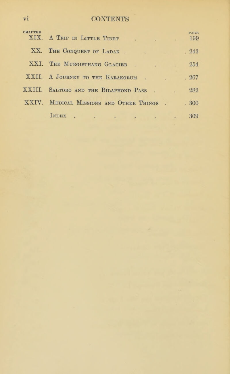 chapter page XIX. A Trip in Little Tibet . . . 199 XX. The Conquest of Ladak .... 243 XXI. The Murgisthang Glacier . . . 254 XXII. A Journey to the Karakorum . . . 267 XXIII. Saltoro and the Bilaphond Pass . . 282 XXIV. Medical Missions and Other Things . . 300 Index ...... 309