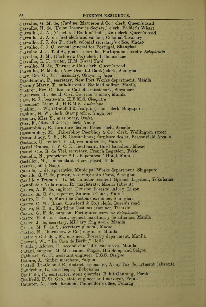 Carvalho, G. M. de, (Jardine, Matbeson & Co.) clerk, Queen’s road Caivalho, H. de, (Union Insurance Society,) clerk, Pedder’s Wuart Carvalho, J. A., (Chartered Bank of India, &c.) clerk, Queen’s road Carvalho, J. A. de, first clerk and cashier. Colonial Treasury Carvalho, J. J. dos P., clerk, colonial secretary’s office, Macao Carvalho, J. J. C., consul general for Portugal, Shangkai Carvalho, J. J. T. d’A., guards marinha, Portuguese corvette Estephania Carvalho, J. M., (Carlowitz Co.) clerk. Icehouse lane Carvalho, L. F., writer, H.M. Naval Yard Carvalho, M. de, (Turner & Co.) clerk. Queen’s road Carvalho, P. M. de, (New Oriental Bank) clerk, Shanghai Cary, Rev. O., Jr., missionary, Okayama, Japan Casademunt, F., secretary. New Port Works department, Manila Casas y Marty, T., sub-inspector, Saiiidad inilitar, Manila Casbron, Rev. C., Eoinan Catholic missionary, Singapore Cascarosa, R., oficial. Civil Governor’s offic, Manila Case, E. J., boatswain, H.B.M.S. Cleopatra Casement, Lieut. J., H.B.M.S. Audacious Cashim, J. W., (Braddell & Joaquim) chief clerk, Singapore Cashim, N. W., clerk. Stamp office, Singapore Caspari, Miss Y., missionary, Osaka Cass, F., (Russell & Co ) clerk, Amoy Cassumbhoy, E., furniture dealer, Beaconsfield Arcade Cassumbhoy, M., (Jairezbhoy Peerbhoy & Co.) clerk, Wellington street Cassumbhoy, S. E., (E. Cassumbhoy) furniture dealer, Beaconsfield Arcade Castano, G., teniente fiscal, real audiencia, Manila Castel Branco, F. V. C. E., lieutenant, third battalion, Macao Castel, Cte. R. de Viel, secretary, French Legation, Tokio Castella, N., proprietor “ La Esperanza ” Hot^l, Manila Castellon, M., commandant of civil guard, Iloilo eastern, pilot, Saigon Castilla, L. de, apprentice, Municipal Works department, Singapore Castillo, S. P. de, purser, receiving ship Corea, Shanghai Castillo y Trigueros, L. del, minister resident, Spanisli Legation, Yokohama Castollote y Villal'ranca, R., magistrate, Manila (absent) Castro, A. F. de, engineer. Division Forestal, Albay, Luzon Castro, A. G. de, reporter. Supreme Court, Manila Castro, C. C. de. Maritime Customs examiner, S.oinghai Castro, C. M., (Lane, Crawford & Co.) clerk. Queen’s road Castro, G. B. A., Maritime Customs examiner, Tientsin Castro, G. F. de, surgeon, Portuguese corvette Estephania Castro, H. de, assistant, agencia maritima y de aduanas, Manila Castro, J. de, secretary, Mili ary Enginuer.s, Manila Castro, M. P. de S., secretary general, Macao Castro, N., (Earnshaw & Co.) engineer, Manila t'astro y Gabalda, M., engineer. Forestry department, Manila Caswell, W., “ La Casa de Berlin,” Iloilo Catala y Alonso, E., second chief of naval forces, Manila Catani,'surgeon, M. M. steamer Saigon, Haiphong and Saigon Cathcart, W. F., assistant engineer, U.S.S. Ossipee Catoire, A., timber merchant, Saigon Cattell, Lt.-Colonel E., district paymaster, Army Pay de^.artment (absent) Caudrelier, L., storekeeper, Yokohama Caulfeild, C., contractor, stone quarries, Bukit Gantang, Perak Caulfeild, F. St. Geo., state engineer and stirveyor, Perak Caunter, A., clerk. Resident Councillor’s office, Penang