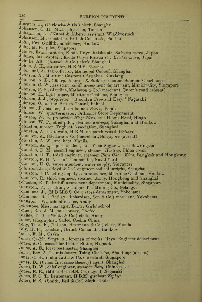 Joergens, J., (Caiiowitz & Co.) clerk, Shanghai Johansen, C. H., M.D., physician, Tamsui Johannsen, L., (Kunst & Albers) assistant, Wladiwostock Johansen, M., constable, British Consulate, Pakhoi John, Rev. Griffith, missionary, Hankow John, M. H., pilot, Singapore obnes, Evan, captain, Kiodo TJnyu Kaisha str. Safsicma-maru, Japan ohnes, Jas., captain, Kiodo Unyu Kaisha str. Yetchiu-maru, Japan ohnke. Alb., (Russell & Co.) clerk, Shanghai ohns, J. H., carpenter, H.B M.S. Curacoa ohnst'ord, A., tax collector. Municipal Counc.l, Shanghai ohnson, A., Maritime Customs ticlewaiter, Kiukiang ohnson, A. B., (Sharp, Johnson & Stokes) solicitor, Supreme Court house obnson, C. W., assistant bailiff, assessment department, Municipality, Singapore ohnson, F. B., (Jardine, Matheson & Co.) merchant, Queen’s road (absent) ohnson, H., lightkeeper, Maritime Customs, Shanghai ohnson, J. J., proprietor “Brooklyn Free and Easy,” Nagasaki ohnson, 0., acting British Consul, Pakhoi ohnson, P., master, steam launch Kinta, Perak ohnson, W., quartermaster. Ordnance Store Department jOhnson, W. G., proprietor Hiogo News, and Hiogo Hotel, Hiogo ohnson, W. P., chief pilot, steamer Kiangyn, Shanghai and Hankow ohnston, master. Tugboat Association, Shanghai ohnston. A., boatswain, H.B.M. despatch vessel Vigilant ohnston. A., (Guthrie & Co.) merchant, Singapore (absent) jOhnston, A. W., architect,. Manila jOhnston, And., superintendenb Lee Yuen Sugar works, Bowrington ohnston, D. M., second engineer, steamer Haeting, China coast ohnston, D. T., third engineer, steamer Fhra Chom Klao, Bangkok and Hongkong jOhnston, F. H. A., staff commander. Naval Yard jOhnston, H. C., superintendent, water supply, Singapore jOhnston, Jas., (Boyd & Co.) engineer and shipwright, Shanghai jOhnston, J. C. acting deputy commissioner, Maritime Customs, Hankow jOhiaston, R., third engineer, steamer Amoy, Hongkong and Shanghai Tohnston, R. '1'., bailiff, assessment department, Municipality, Singapore jOhnston, T., assistant, Selangor Tin Mining Co., Selangor jOhnstone, J., (M.B.M.S.S. Co.,) store department, Yokohama jOhnstone, R., (Findlay, Richardson, Son & Co.) merchant. Yob jOhnstone, W., school master, Amoy .pOhnstone, Miss, manager, Baxter Girls’ Yokohama school jOiner, Rev. J. M., missionary, Chefoo jOkhee, P. B., (Mehta & Co.) clerk, Amoy .jOliot, telegraphist, Sadec, Cochin China jOily, Thus. F., (Tillson, Herrmann & Co.) clerk, Manila jOly, H. B., assistant, British Consulate, Hanko v jOnas, F. M , Osaka ones, Qf-Mr. Sergt. A., foreman of works. Royal Engineer department Jones, A. C., consul for United States, Nag-asaki Jones, A. E., local postmaster, Shanghai Jones, Rev. A. G., missionary, Tsing Cheu-foo, Shatttung (absent) Jones, C. H., (John Little & Co.) assistant, Singapore Jones, D., (Union Insurance Society) agent, Shanghai Jones, D. W., chief engineer, steamer Bory, China coast Jones, E. B., (MitsuBishi S.S. Co.) agent, Nagasaki Jones, F. C. T., lieutenant, H.B.M. gunboat Zephyr Jones, F. S., (Smith, Bell & Co,) clerk, Iloilo