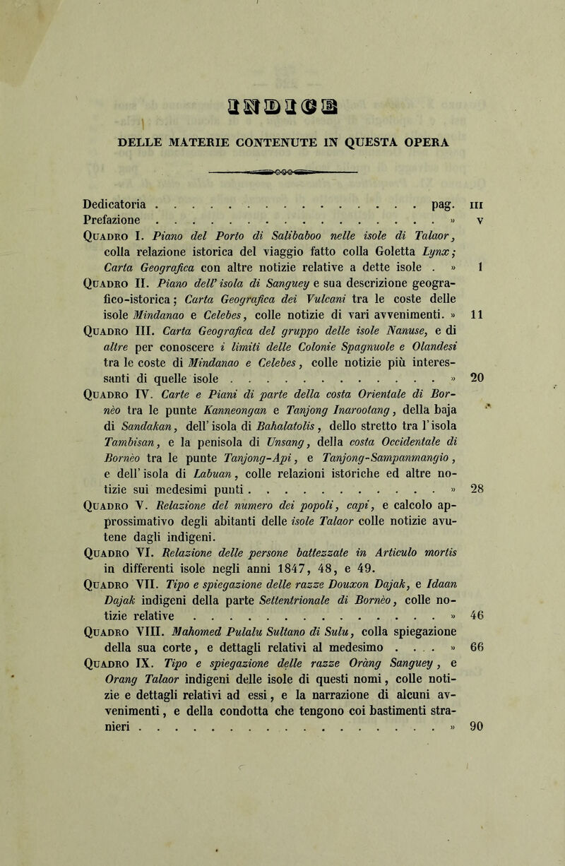 astiDaaiu DELLE MATERIE CONTENUTE IN QUESTA OPERA iSSSHSxSO- Dedicatoria pag. in Prefazione » v Quadro I. Piano del Porto di Salibaboo nelle isole di Talaor, colia relazione istorica del viaggio fatto colla Goletta Lynx; Carta Geografica con altre notizie relative a dette isole . » 1 Quadro IL Piano dell’isola di Sanguey e sua descrizione geogra- fico-istorica ; Carta Geografica dei Vulcani tra le coste delle isole Mindanao e Celebes, colle notizie di vari avvenimenti. » 11 Quadro III. Carta Geografica del gruppo delle isole Nanuse, e di altre per conoscere i limiti delle Colonie Spagnuole e Olandesi tra le coste di Mindanao e Celebes, colle notizie più interes- santi di quelle isole » 20 Quadro IY. Carte e Piani di parte della costa Orientale dì Bor- nèo tra le punte Kanneongan e Tanjong Inarootang, della baja di Sandakan, dell’ isola di Bahalatolis , dello stretto tra l’isola Tambisan, e la penisola di Unsang, della costa Occidentale di Bombo tra le punte Tanjong-Api, e Tanjong-Sampanmangio , e dell’isola di Labuan, colle relazioni isteriche ed altre no- tizie sui medesimi punti » 28 Quadro V. Relazione del numero dei popoli, capi, e calcolo ap- prossimativo degli abitanti delle isole Talaor colle notizie avu- tene dagli indigeni. Quadro YI. Relazione delle persone battezzate in Articulo mortis in differenti isole negli anni 1847, 48, e 49. Quadro YTI. Tipo e spiegazione delle razze Douxon Rajah, e Idaan Rajah indigeni della parte Settentrionale di Bombo, colle no- tizie relative » 46 Quadro Vili. Mahomed Pulalu Sultano di Sulu, colla spiegazione della sua corte, e dettagli relativi al medesimo . ... » 66 Quadro IX. Tipo e spiegazione delle razze Oràng Sanguey, e Orang Talaor indigeni delle isole di questi nomi, colle noti- zie e dettagli relativi ad essi, e la narrazione di alcuni av- venimenti , e della condotta che tengono coi bastimenti stra- nieri « 90