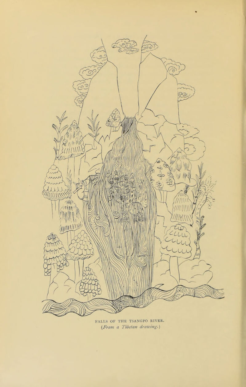 FALLS OF THE TSANGPO RIVER. (From a Tibetan drawing.)