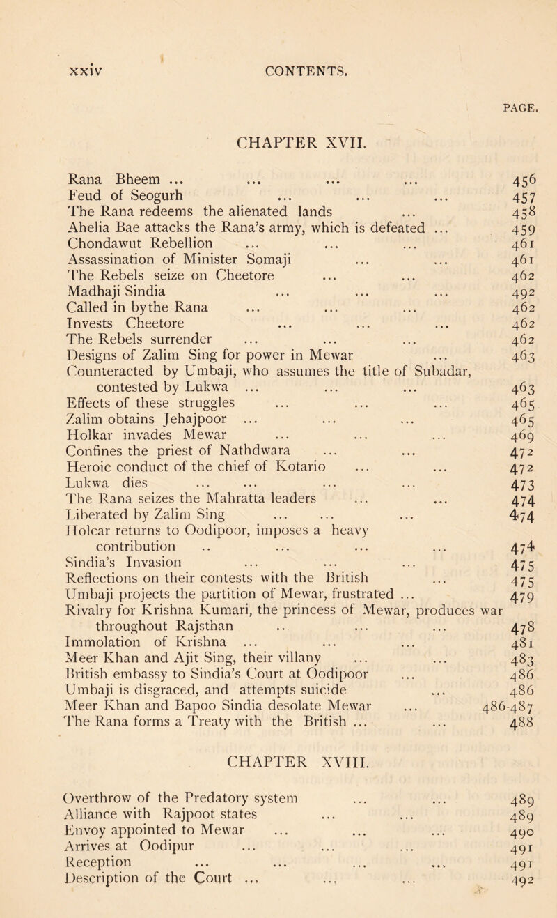 CHAPTER XVII. PAGE. Rana Bheem ... Feud of Seogurh The Rana redeems the alienated lands Ahelia Bae attacks the Rana’s army, which is defeated ... Chondawut Rebellion Assassination of Minister Somaji The Rebels seize on Cheetore Madhaji Sindia Called in by the Rana Invests Cheetore The Rebels surrender Designs of Zalim Sing for power in Mewar Counteracted by Umbaji, who assumes the title of Subadar, contested by Lukwa ... Effects of these struggles Zalim obtains Jehajpoor Holkar invades Mewar Confines the priest of Nathdwara Heroic conduct of the chief of Kotario Lukwa dies The Rana seizes the Mahratta leaders Liberated by Zalim Sing Holcar returns to Oodipoor, imposes a heavy contribution Sindia’s Invasion Reflections on their contests with the British Umbaji projects the partition of Mewar, frustrated ... Rivalry for Krishna Kumari, the princess of Mewar, produces throughout Rajsthan Immolation of Krishna Meer Khan and Ajit Sing, their villany British embassy to Sindia’s Court at Oodipoor Umbaji is disgraced, and attempts suicide Meer Khan and Bapoo Sindia desolate Mewar The Rana forms a Treaty with the British ... 456 457 45^ 459 461 461 462 492 462 462 462 463 463 465 465 469 472 472 473 474 474 474 475 475 479 war 478 481 483 486 486 486-487 488 CHAPTER XVm. Overthrow of the Predatory system Alliance with Rajpoot states Envoy appointed to Mewar Arrives at Oodipur Reception Description of the Court ... 489 489 490 491 491 492